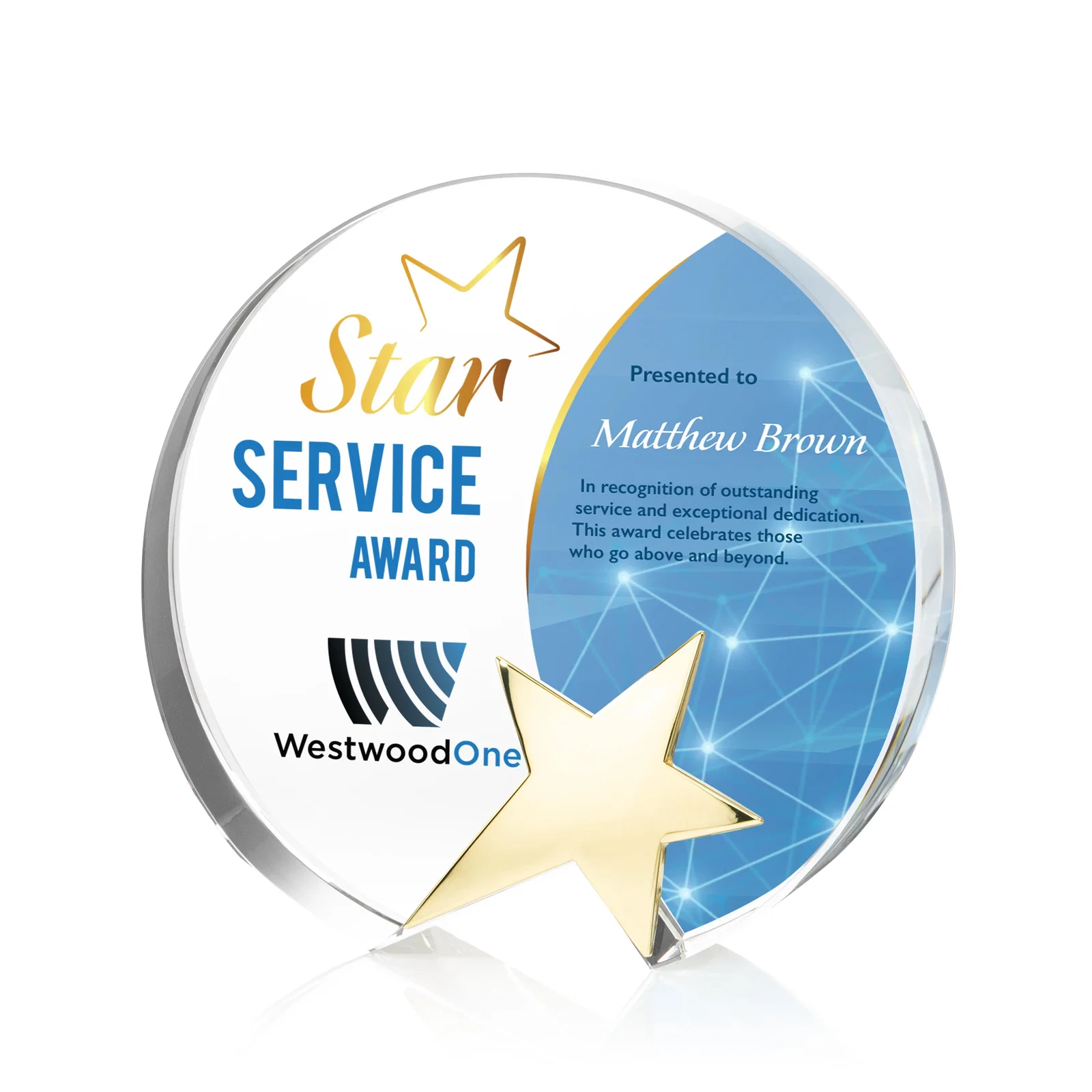 Custom Optical Crystal Round Award With Embedded Metallic Star for retirement presentations