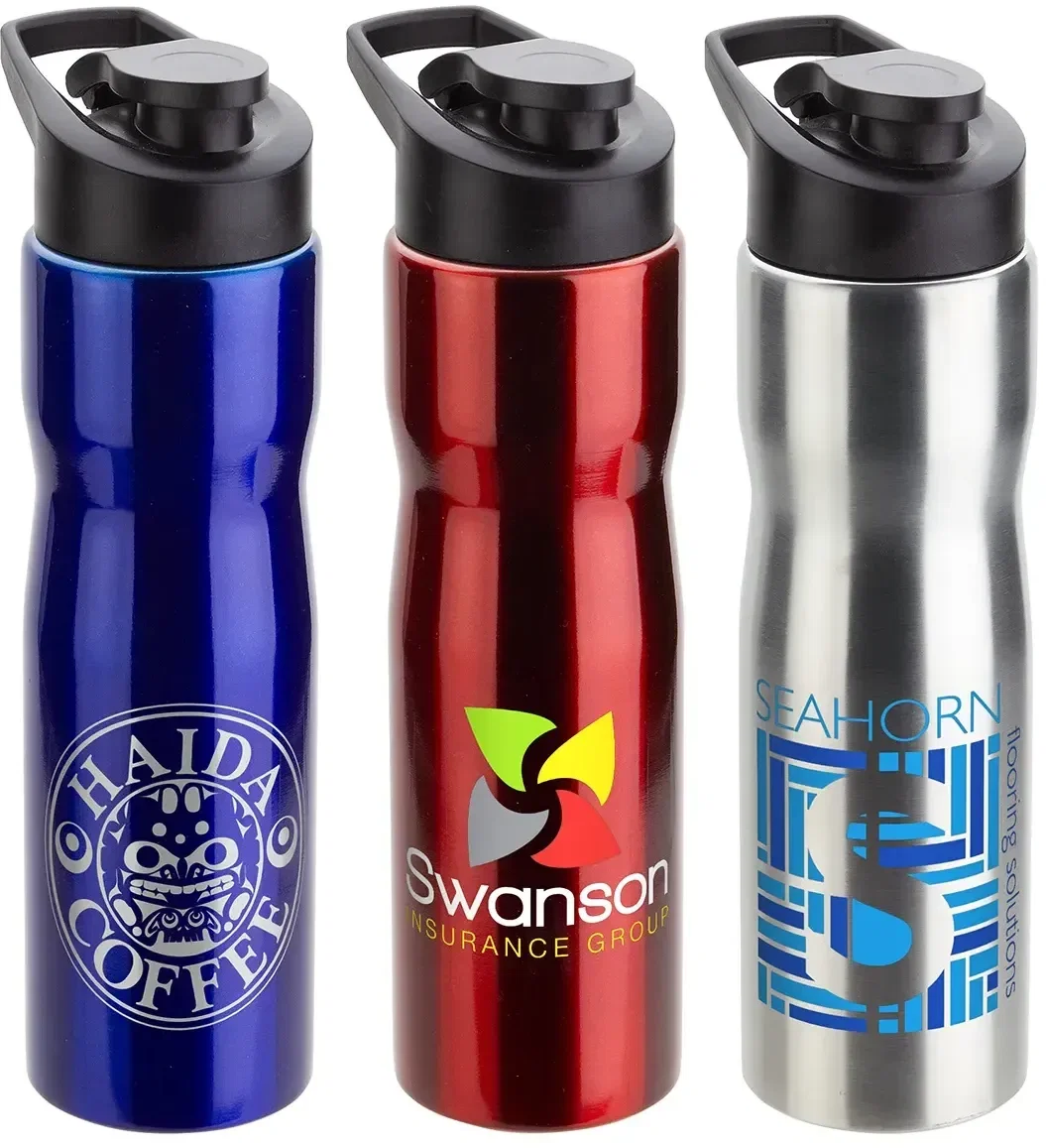 Custom Crescent 25 oz flip-top stainless bottle, front view of the branded water bottle