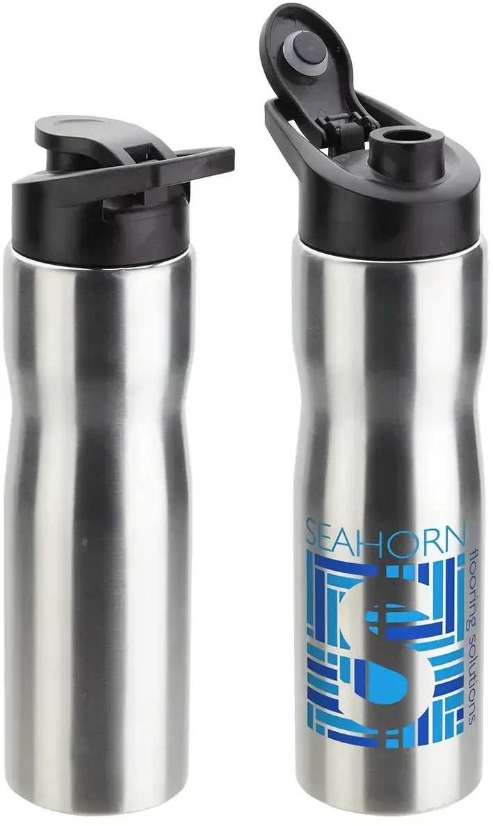 Branded Crescent stainless bottle with the flip-top spout open, promotional drinkware
