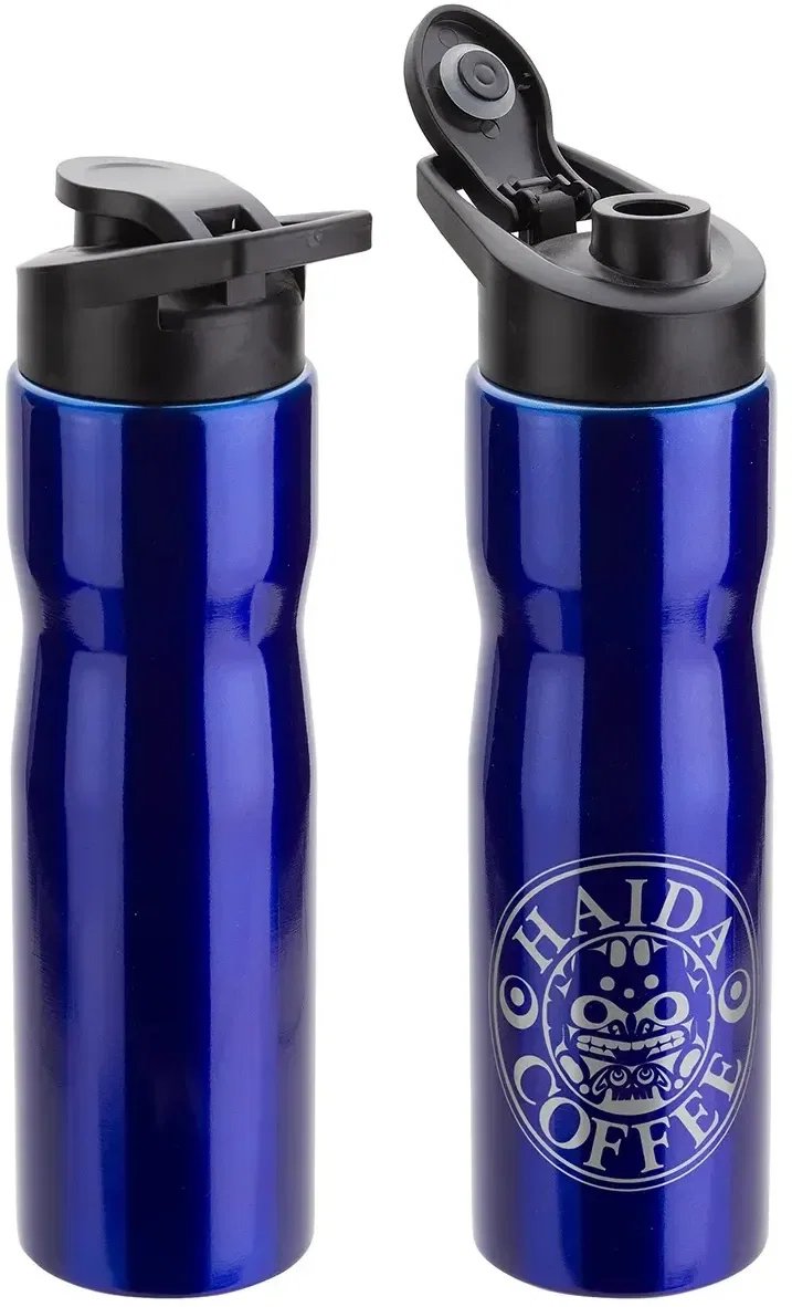 Promotional Crescent flip-top bottle close-up of the one-handed spout and logo area