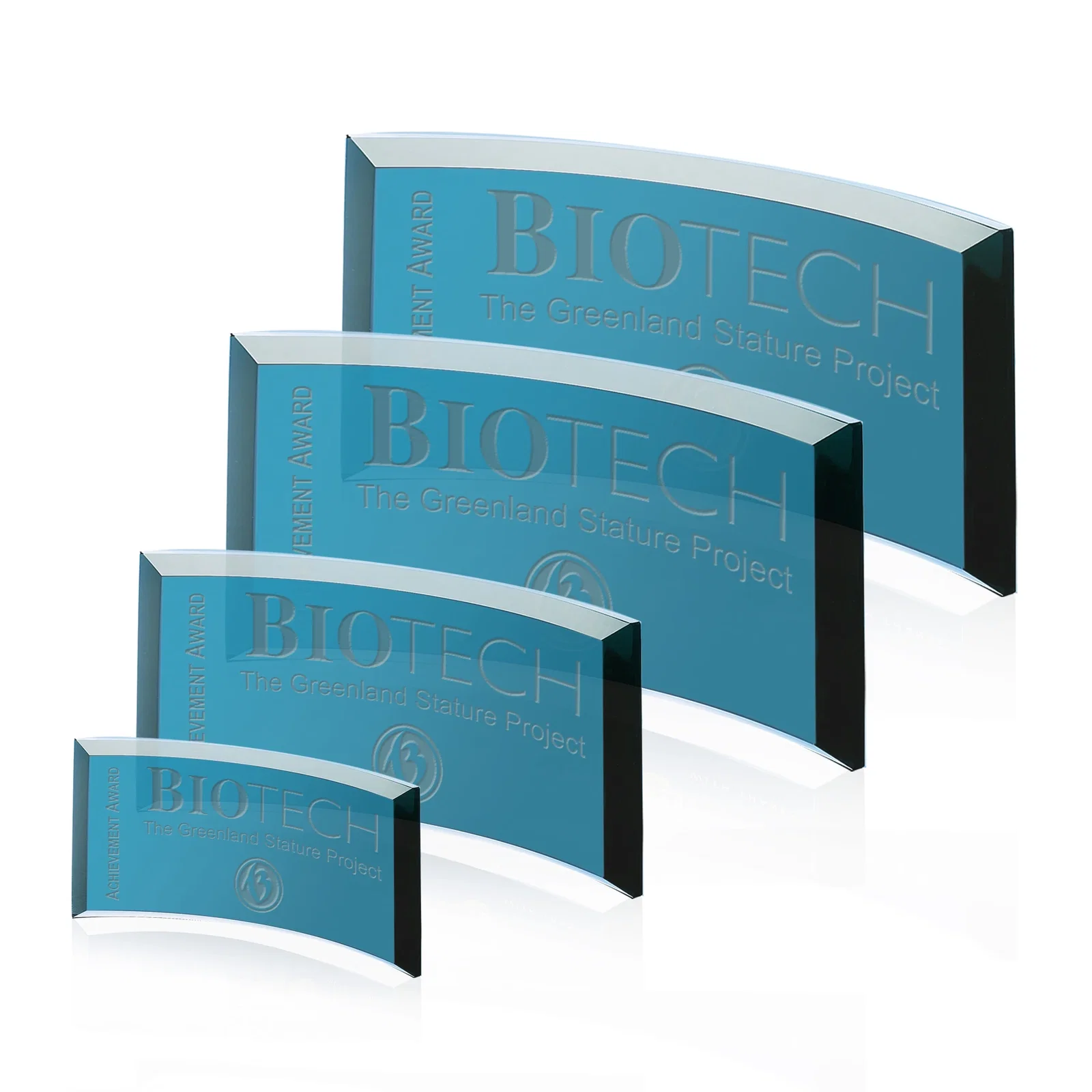 Custom Teal Glass Crescent Award With A Curved Beveled Edge for employee recognition