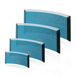 Teal Glass Crescent Award With A Curved Beveled Edge