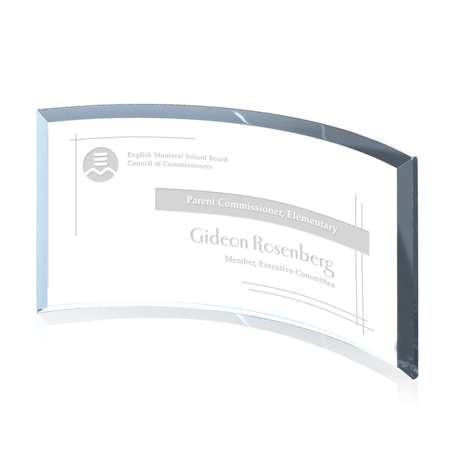 Custom Teal Glass Crescent Award With A Curved Beveled Edge for volunteer appreciation