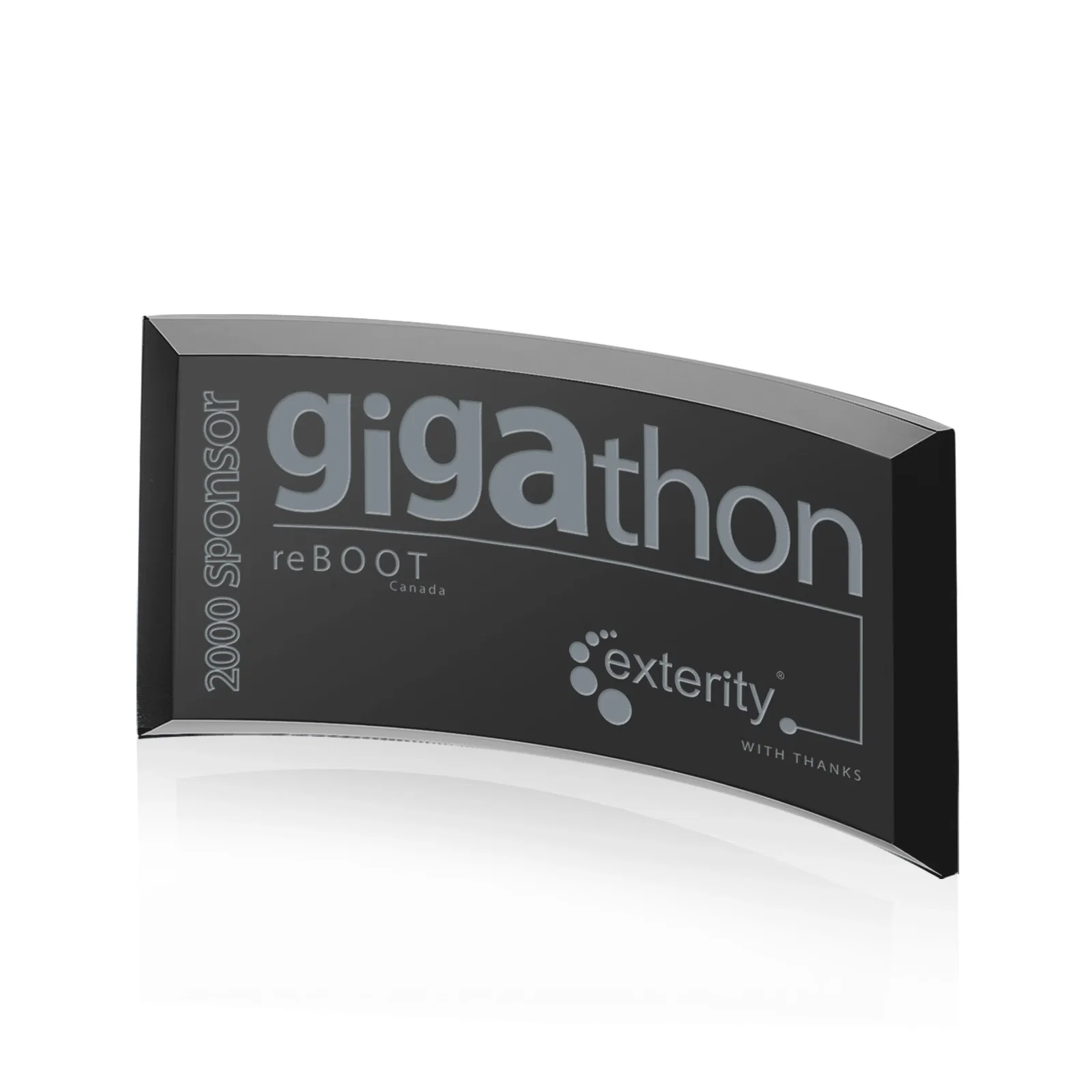 Custom Teal Glass Crescent Award With A Curved Beveled Edge for company anniversary events