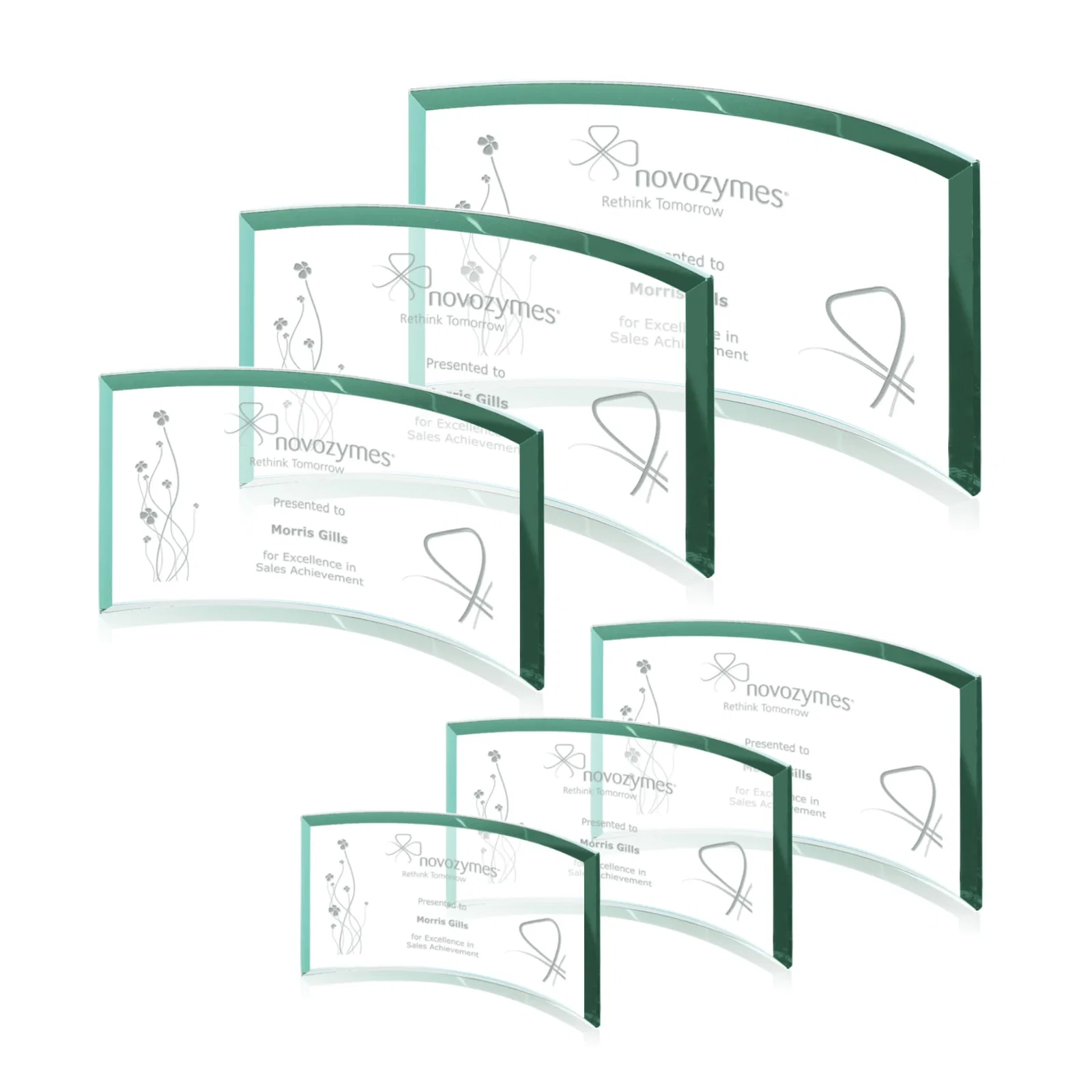 Personalized Teal Glass Crescent Award With A Curved Beveled Edge for sales achievement awards