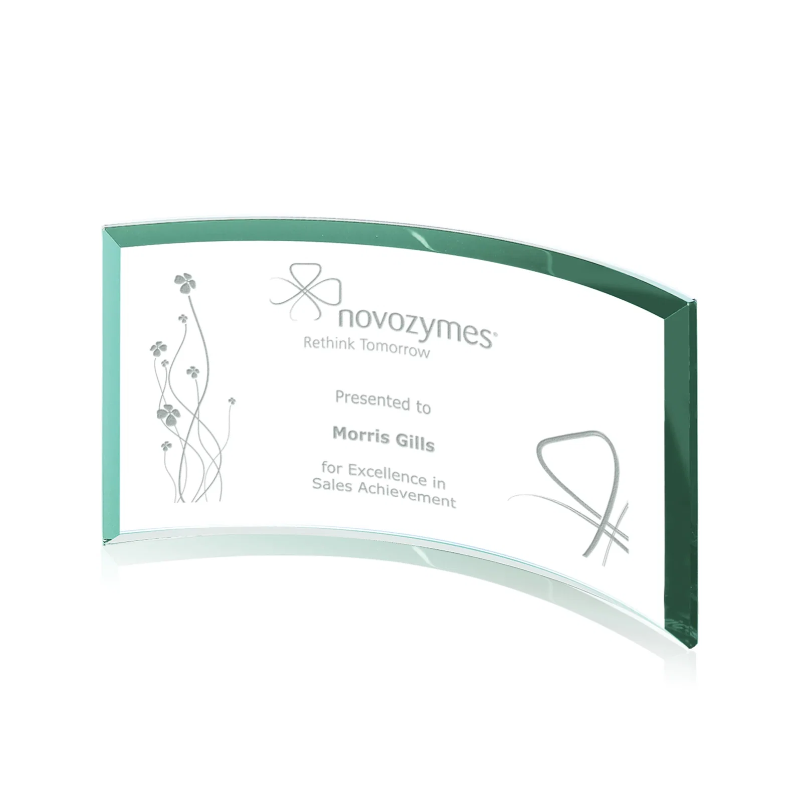 Personalized Teal Glass Crescent Award With A Curved Beveled Edge for retirement presentations