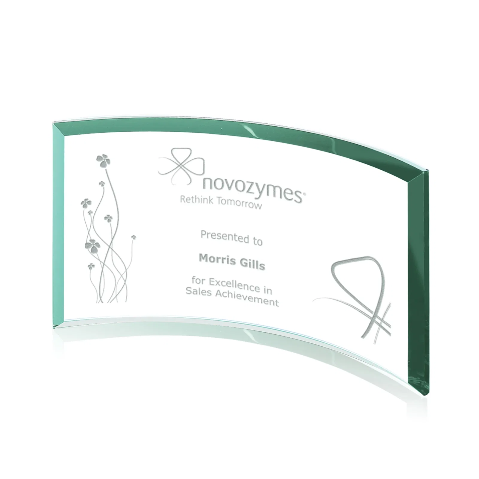 Personalized Teal Glass Crescent Award With A Curved Beveled Edge for donor appreciation
