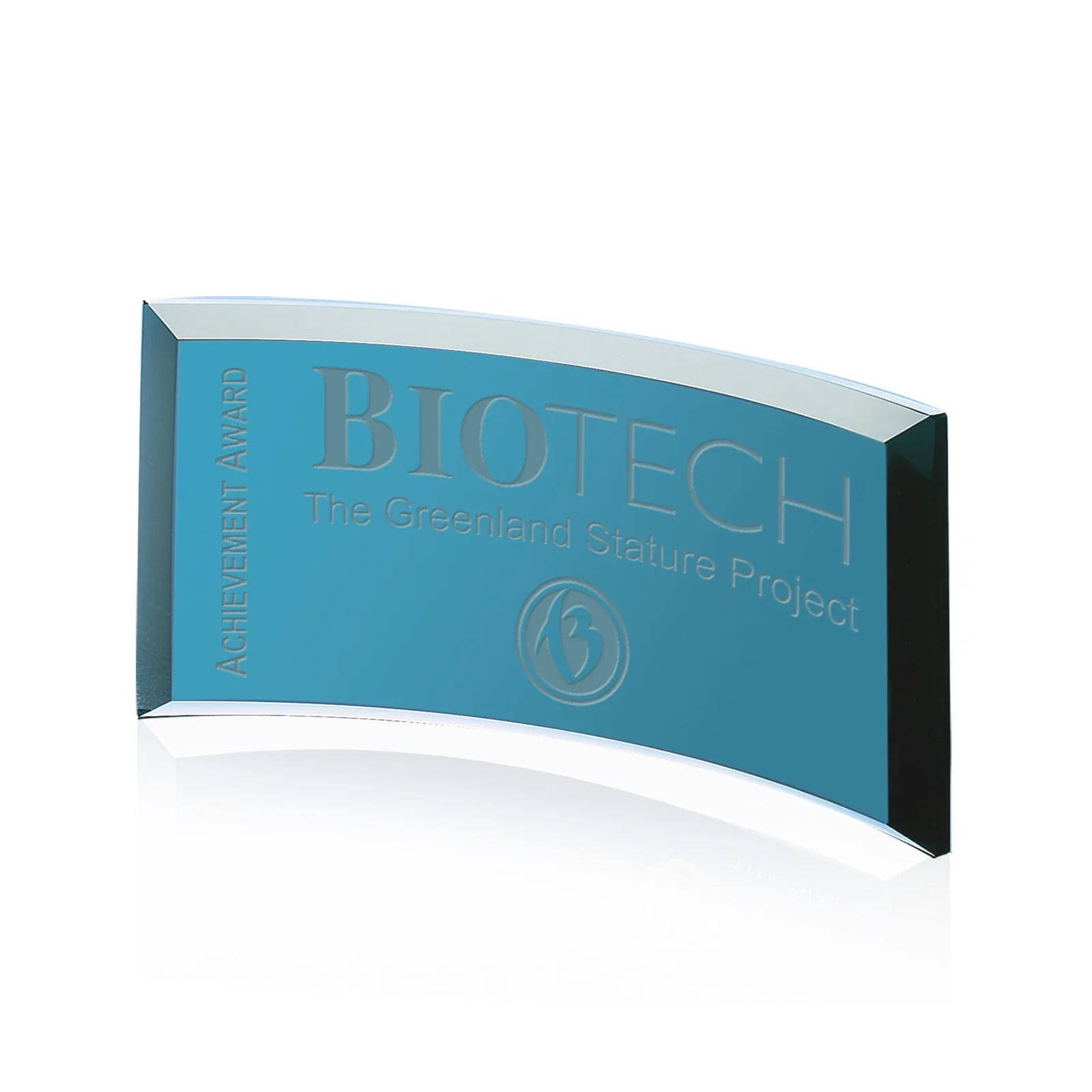 Custom Teal Glass Crescent Award With A Curved Beveled Edge for corporate award ceremonies