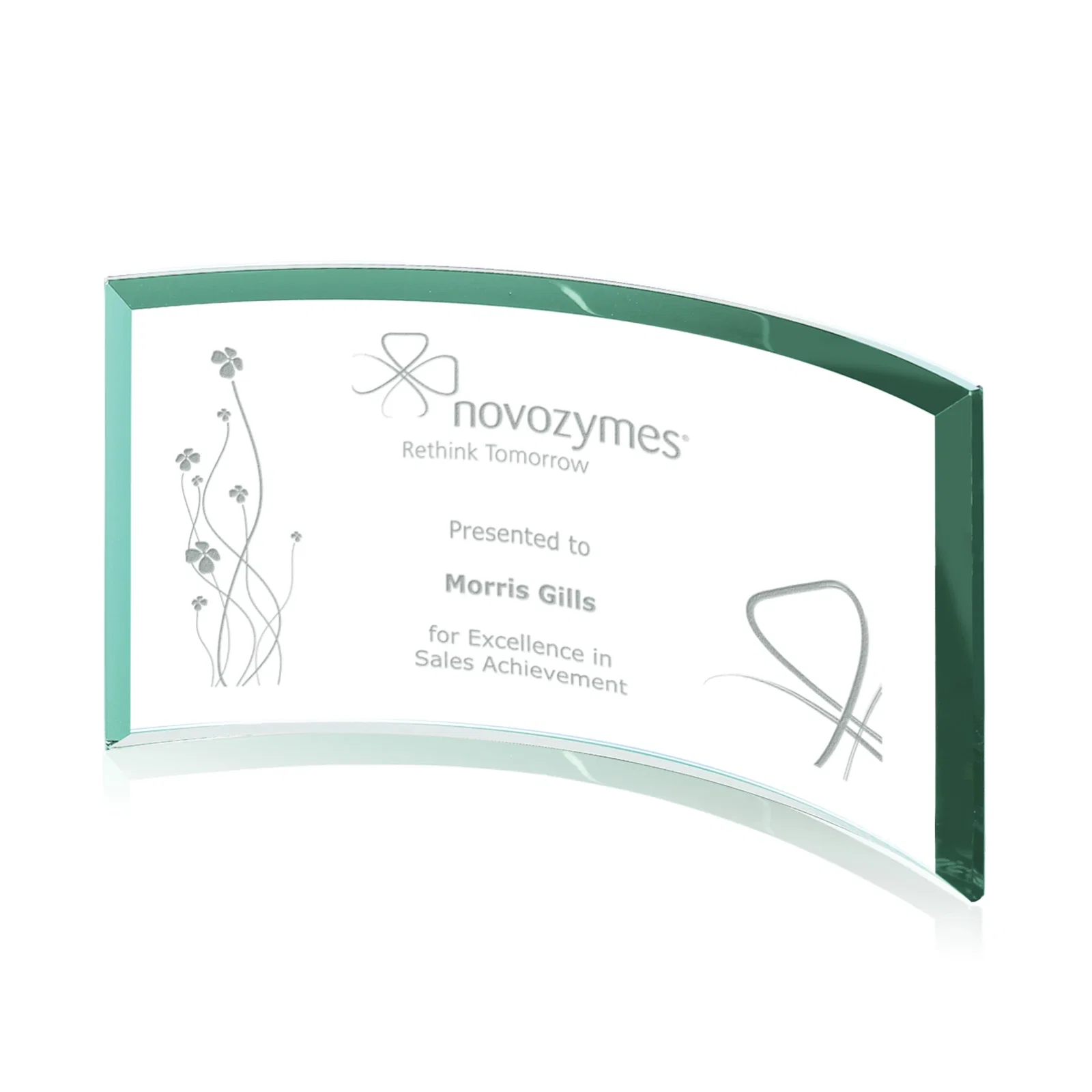 Personalized Teal Glass Crescent Award With A Curved Beveled Edge for graduation ceremonies