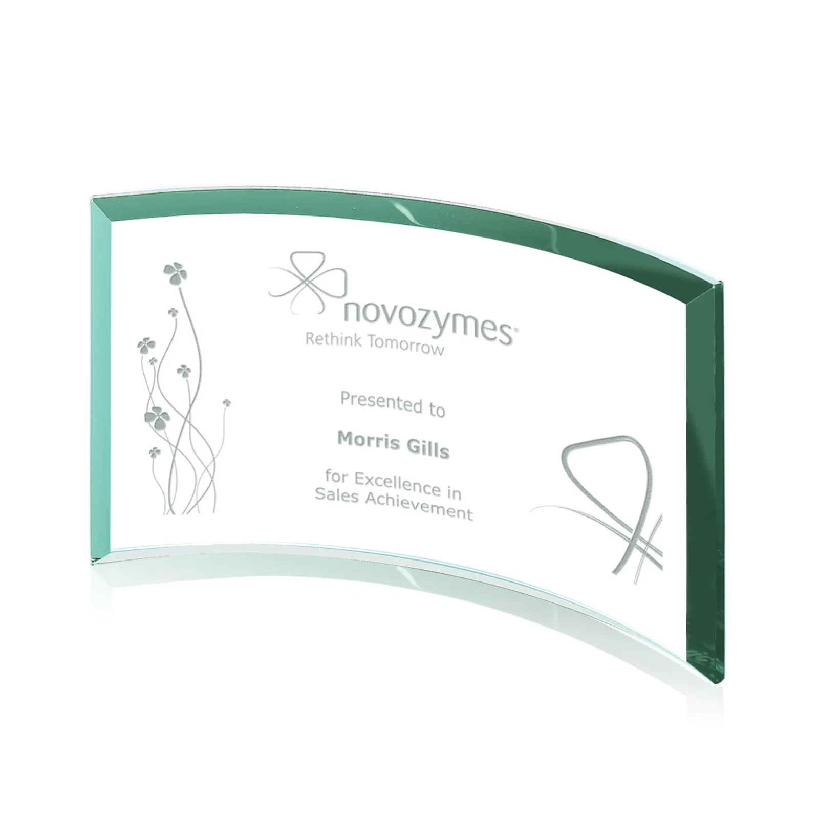 Personalized Teal Glass Crescent Award With A Curved Beveled Edge for safety achievement programs