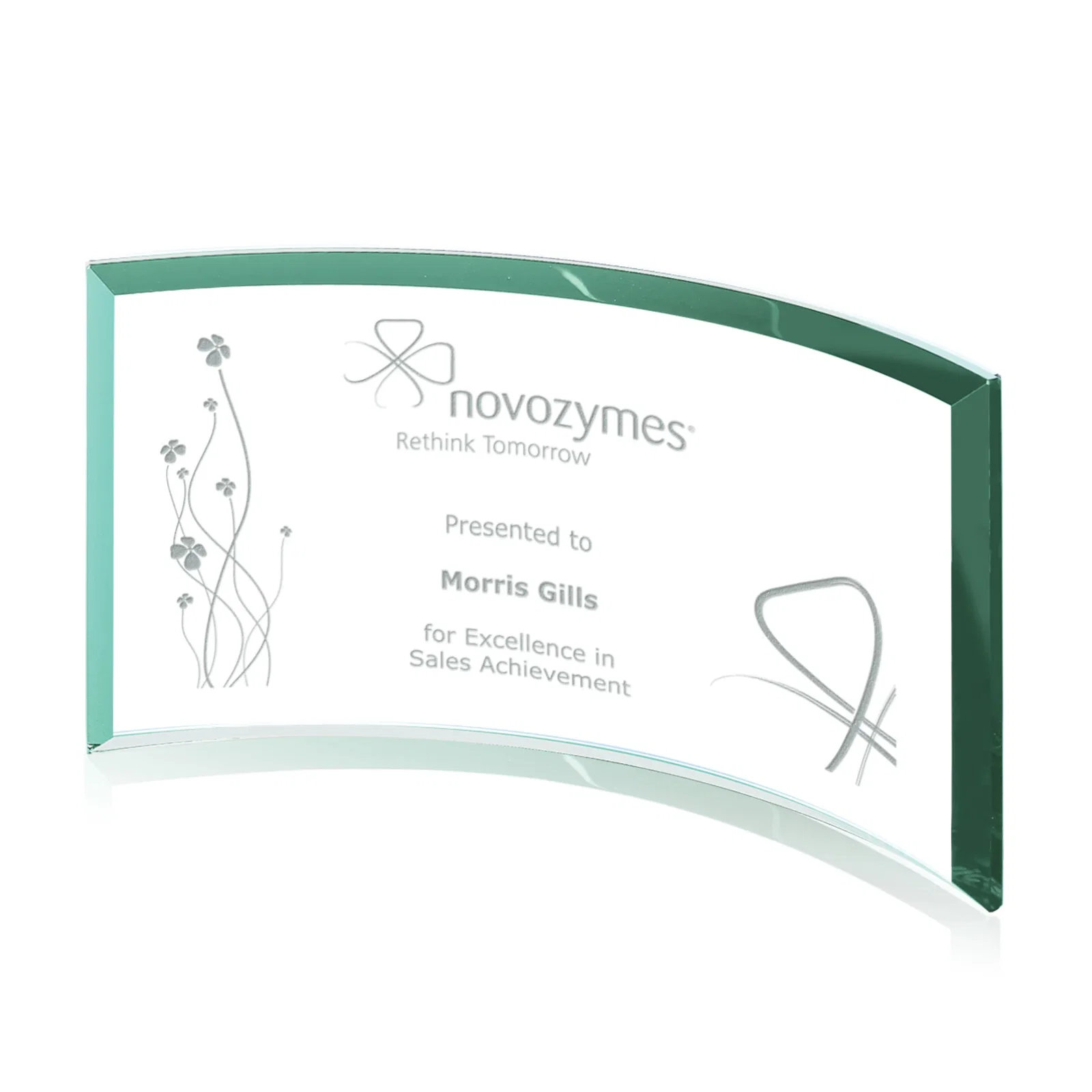 Personalized Teal Glass Crescent Award With A Curved Beveled Edge for volunteer appreciation