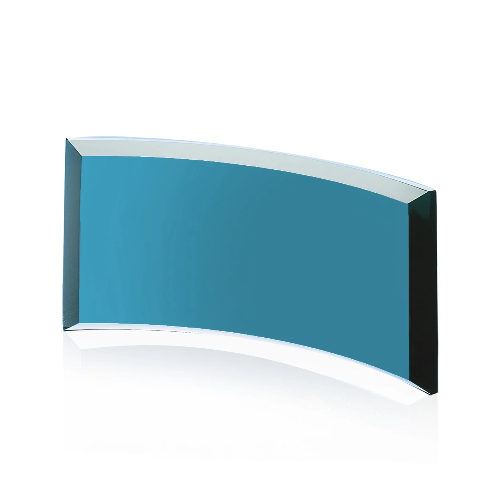 Personalized Teal Glass Crescent Award With A Curved Beveled Edge for dealer and partner awards