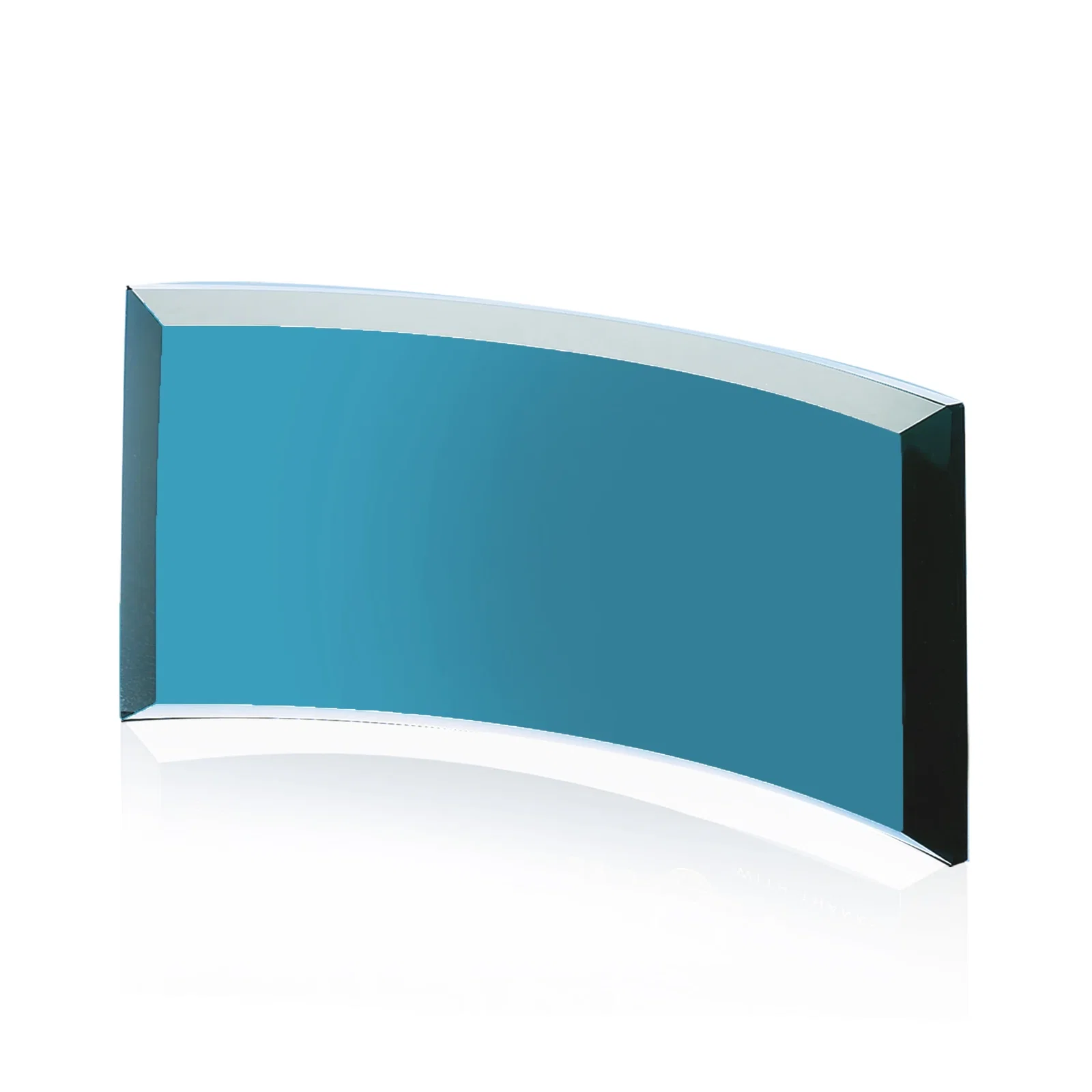 Personalized Teal Glass Crescent Award With A Curved Beveled Edge for company anniversary events