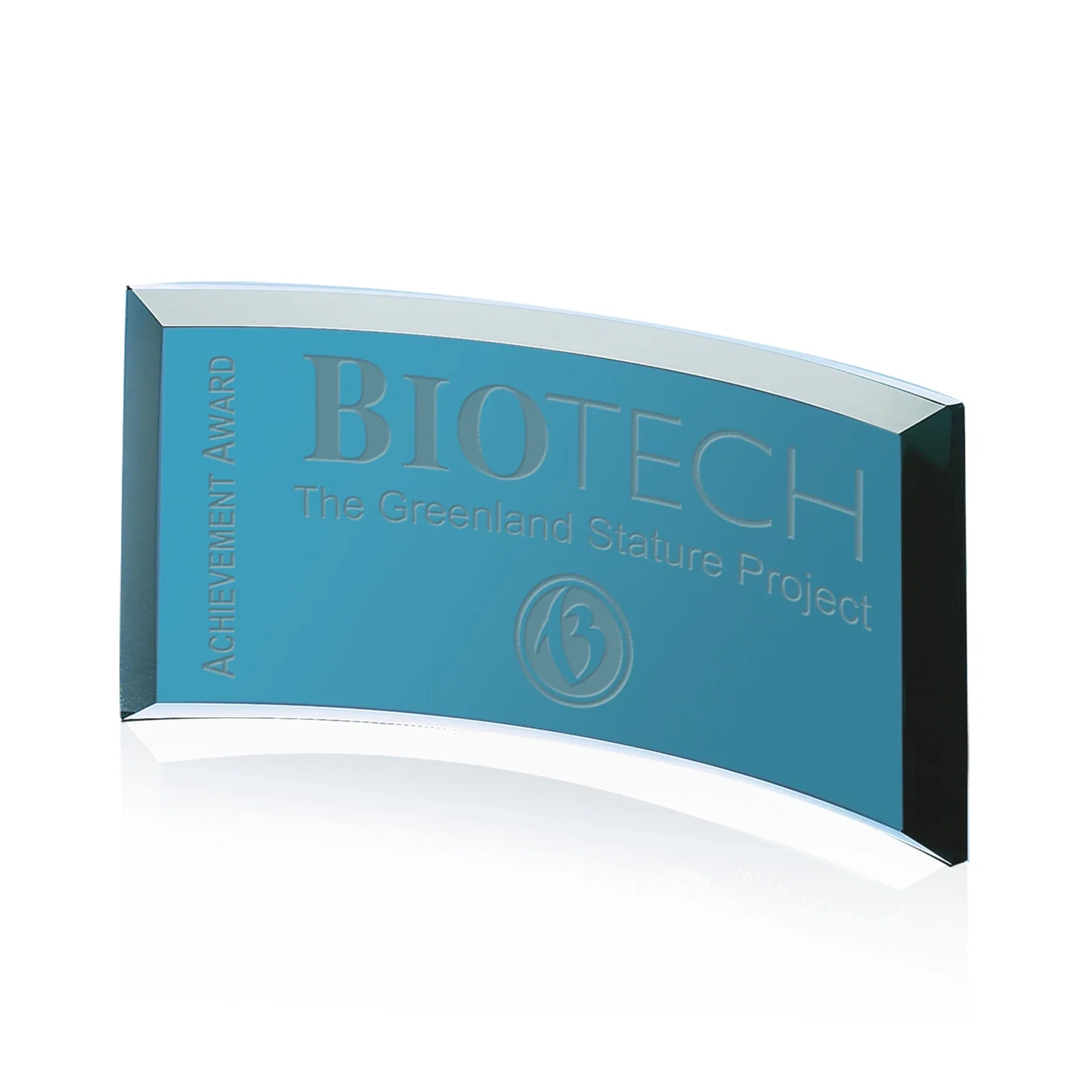 Custom Teal Glass Crescent Award With A Curved Beveled Edge for service anniversary gifts