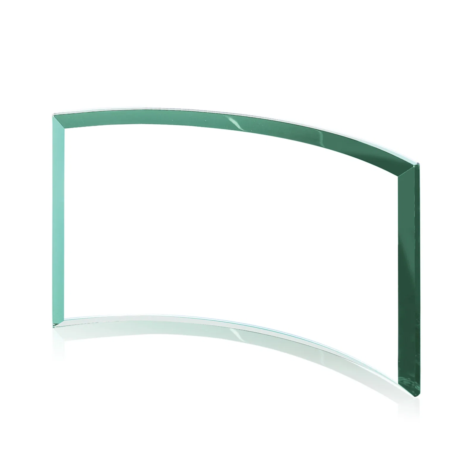 Branded Teal Glass Crescent Award With A Curved Beveled Edge for service anniversary gifts