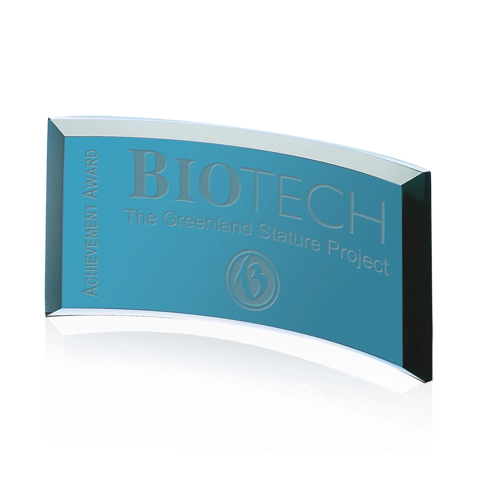 Custom Teal Glass Crescent Award With A Curved Beveled Edge for sales achievement awards