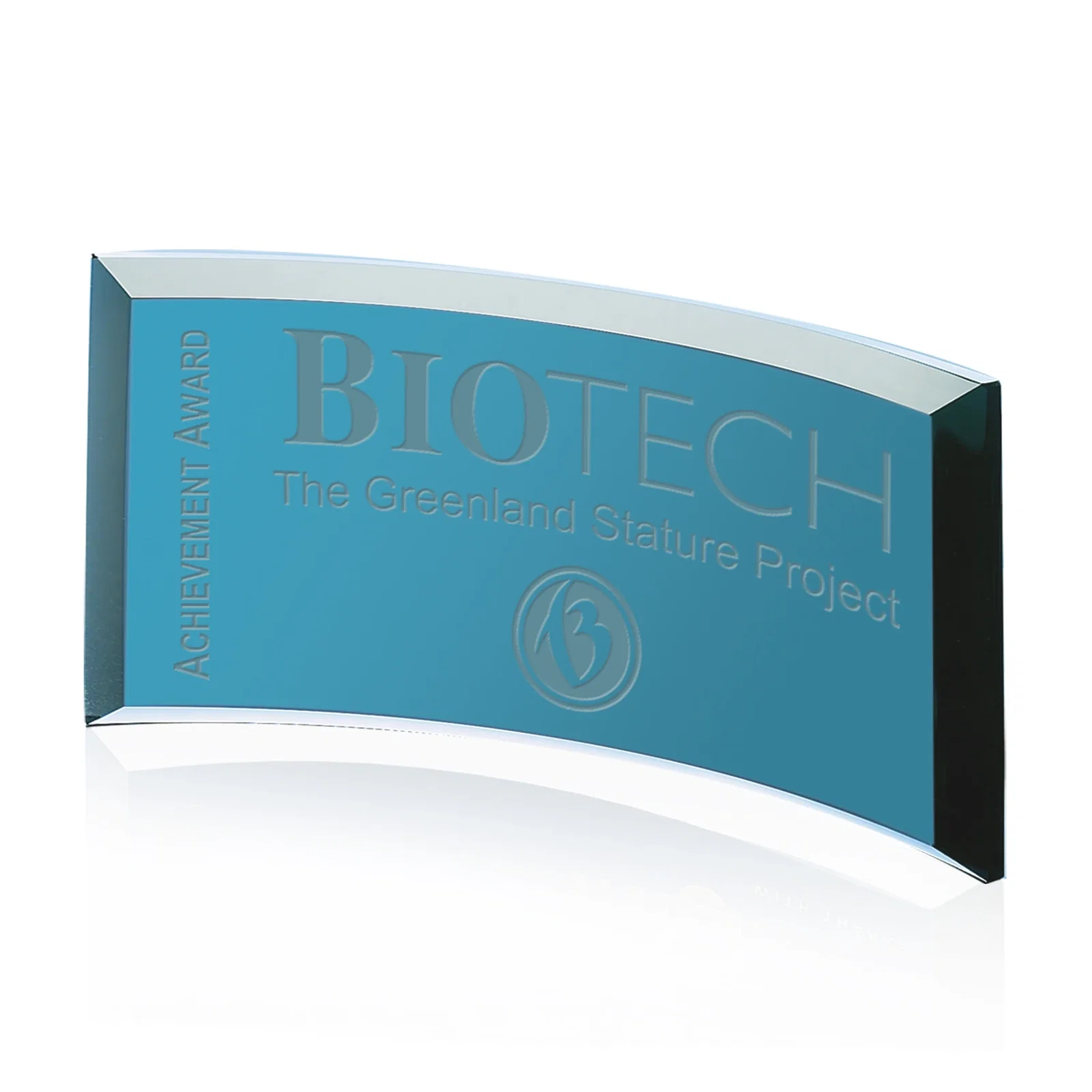Custom Teal Glass Crescent Award With A Curved Beveled Edge for retirement presentations