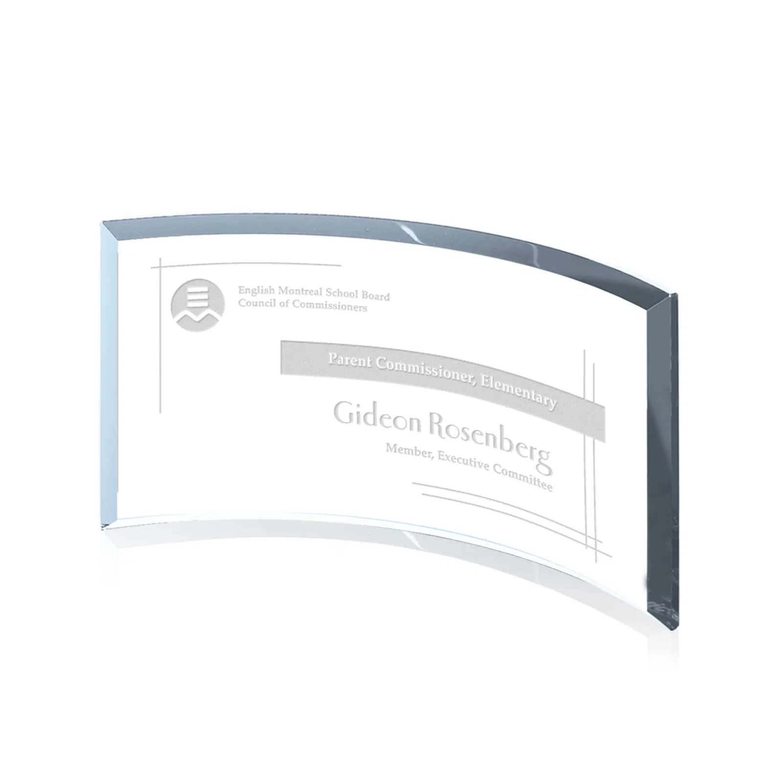 Custom Teal Glass Crescent Award With A Curved Beveled Edge for donor appreciation