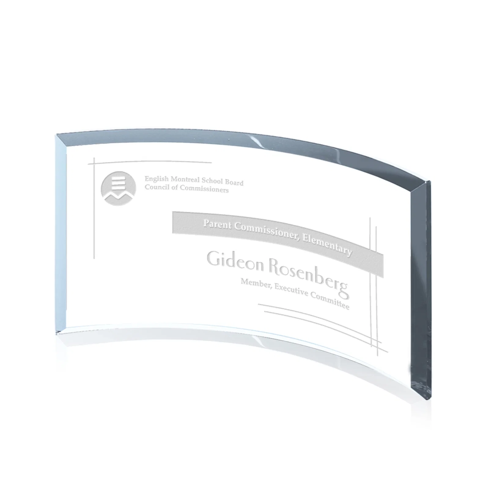 Custom Teal Glass Crescent Award With A Curved Beveled Edge for graduation ceremonies