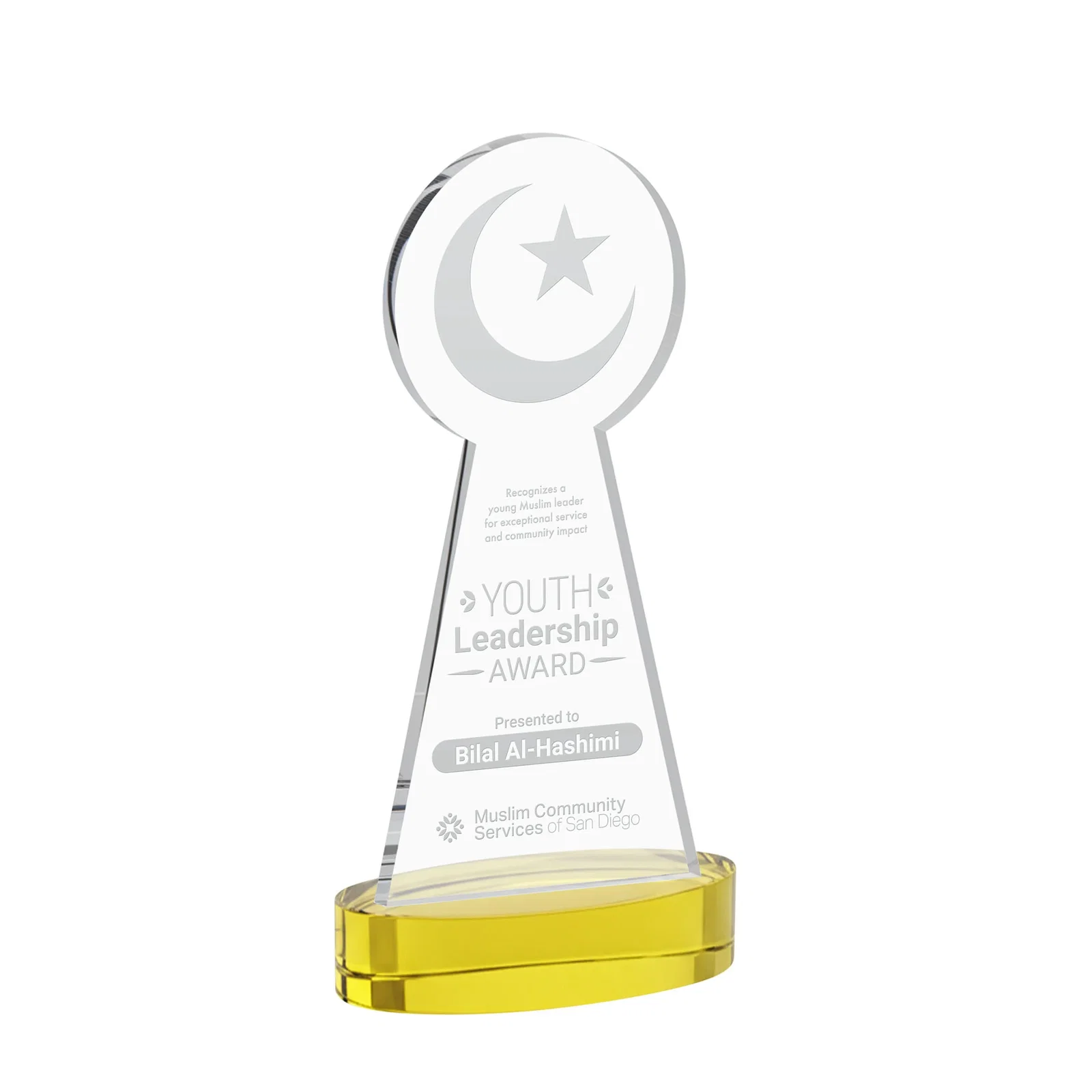 Custom Starfire Crescent and Star Award with Choice of Base Color for dealer and partner awards