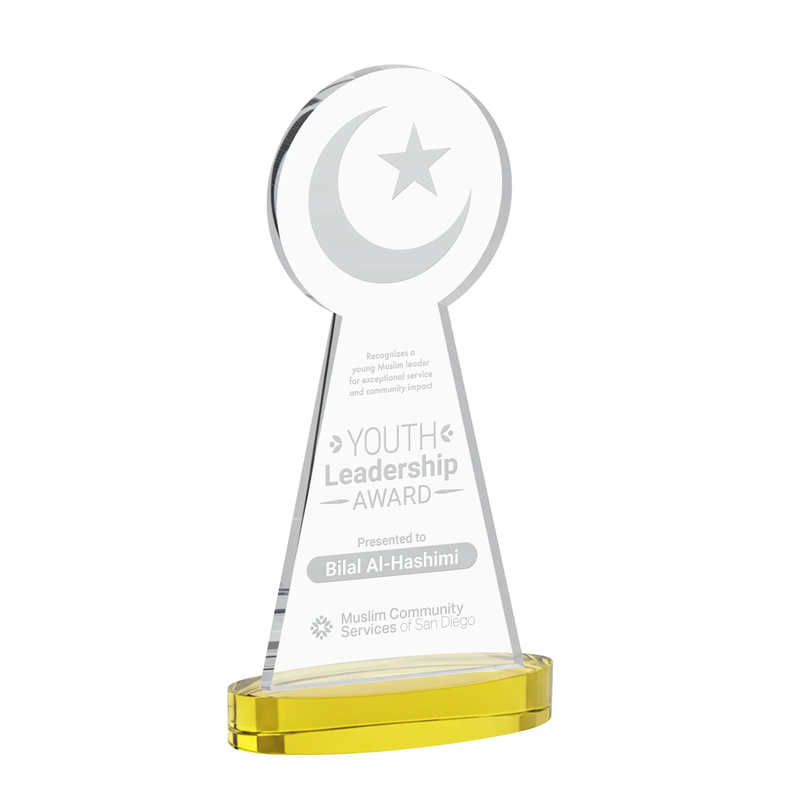 Personalized Starfire Crescent and Star Award with Choice of Base Color for employee recognition