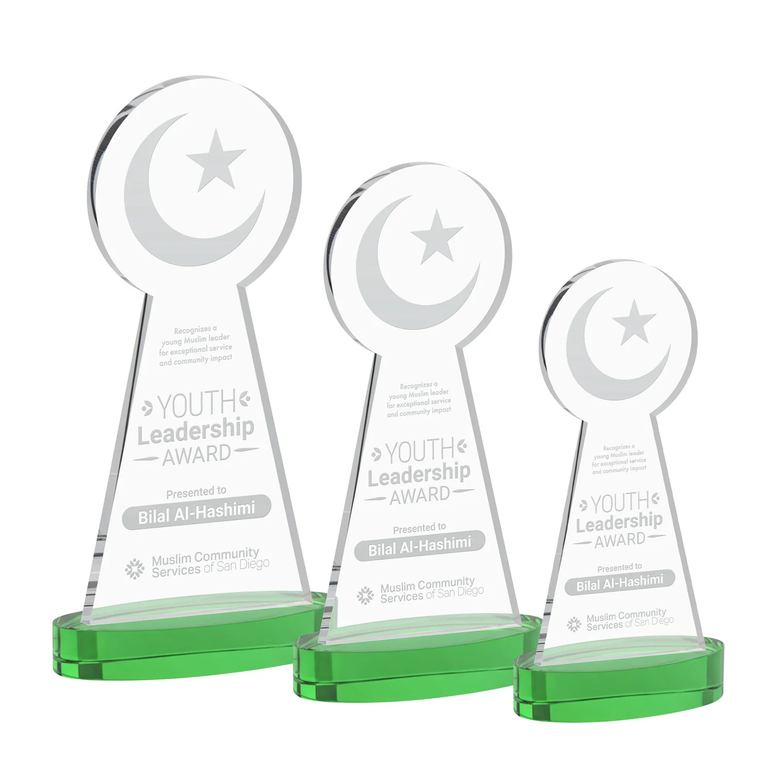 Personalized Starfire Crescent and Star Award with Choice of Base Color for corporate award ceremonies