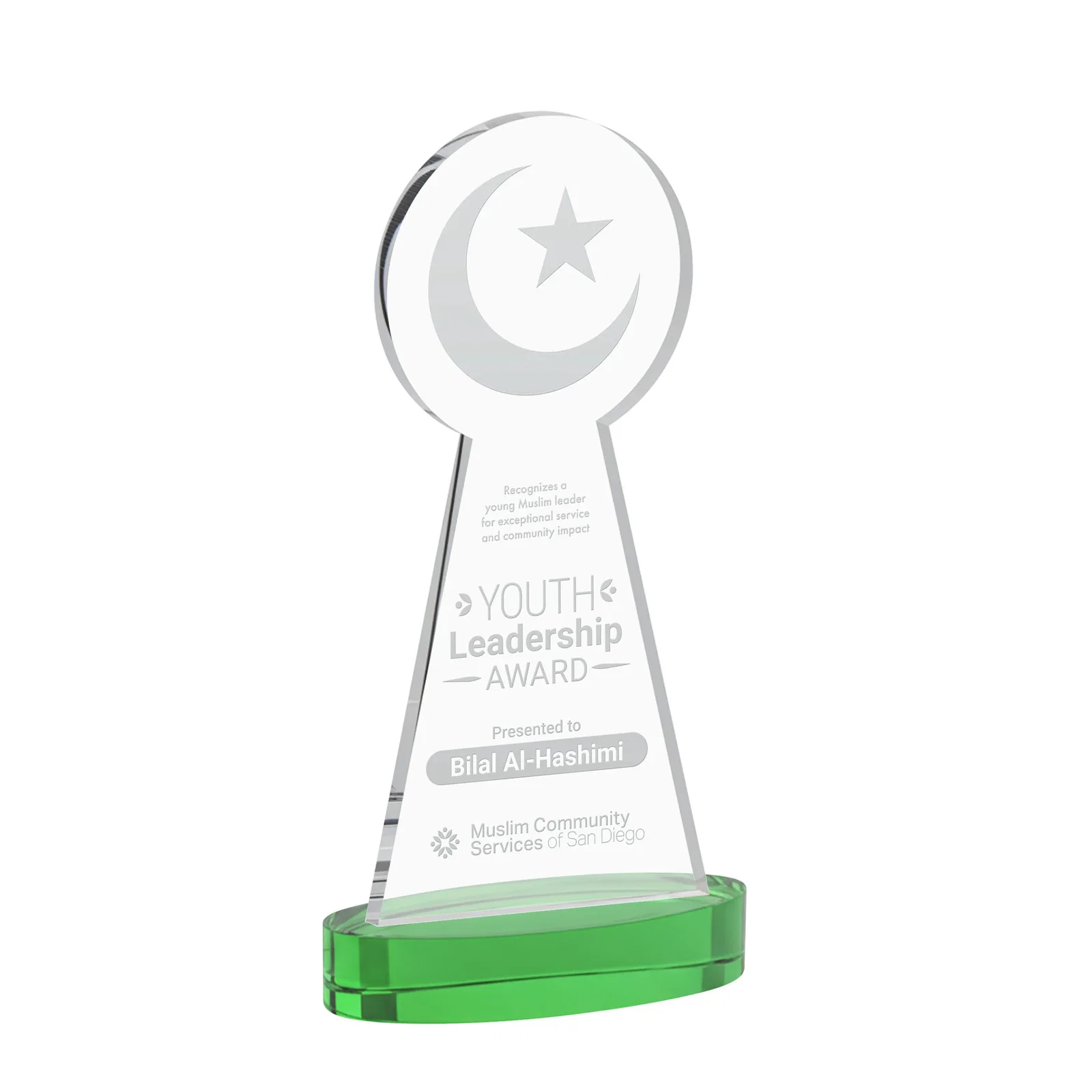 Personalized Starfire Crescent and Star Award with Choice of Base Color for sales achievement awards
