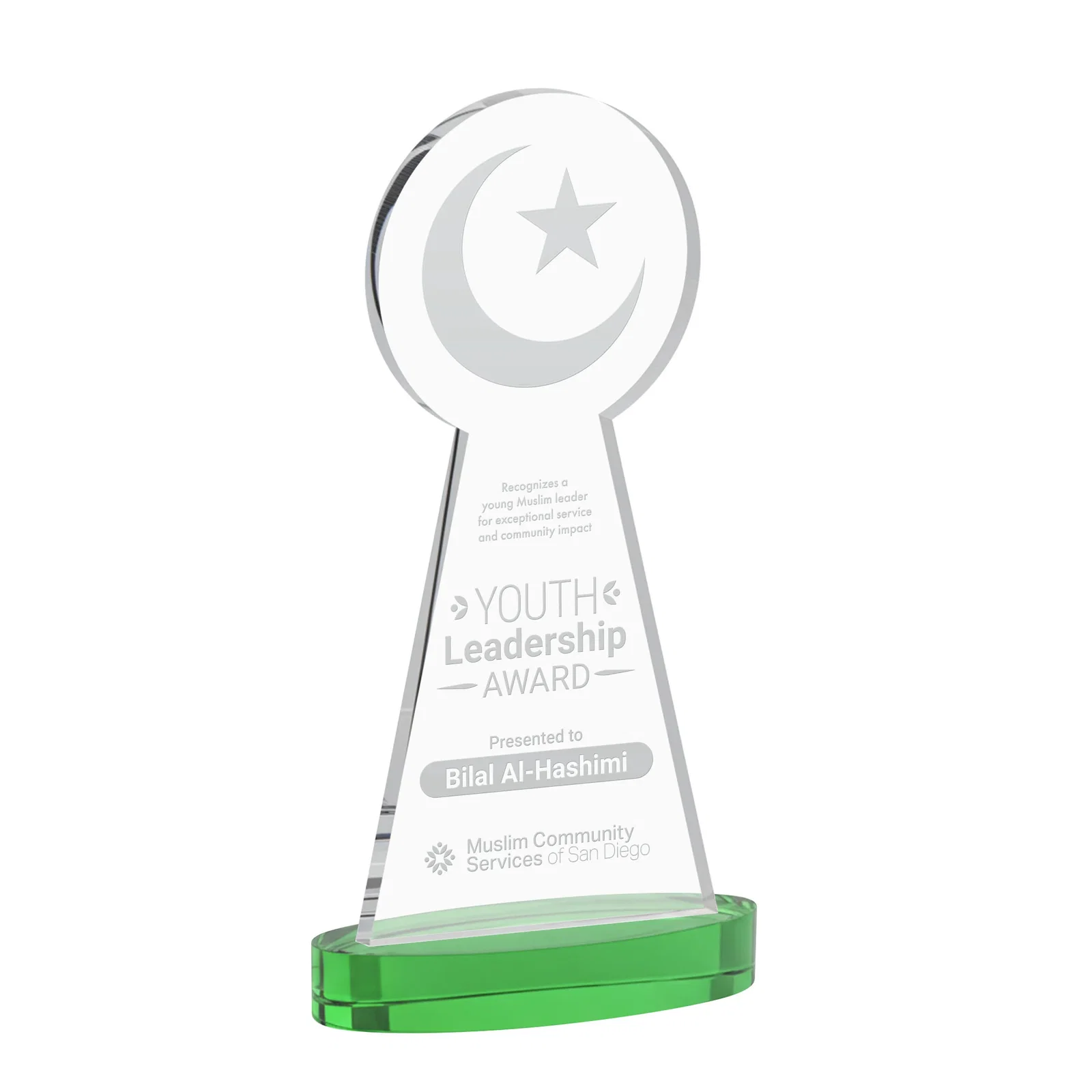 Personalized Starfire Crescent and Star Award with Choice of Base Color for retirement presentations