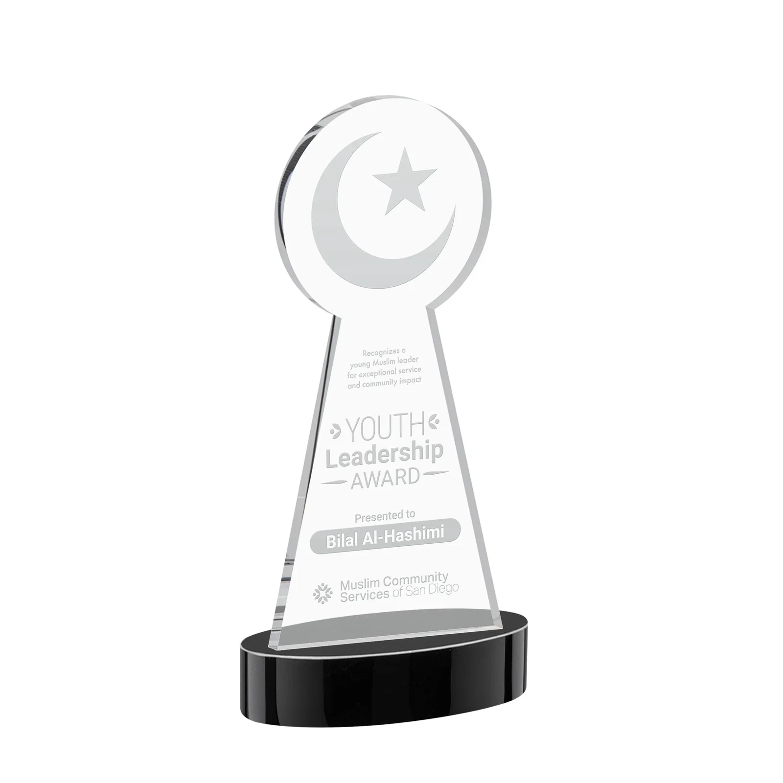 Personalized Starfire Crescent and Star Award with Choice of Base Color for donor appreciation