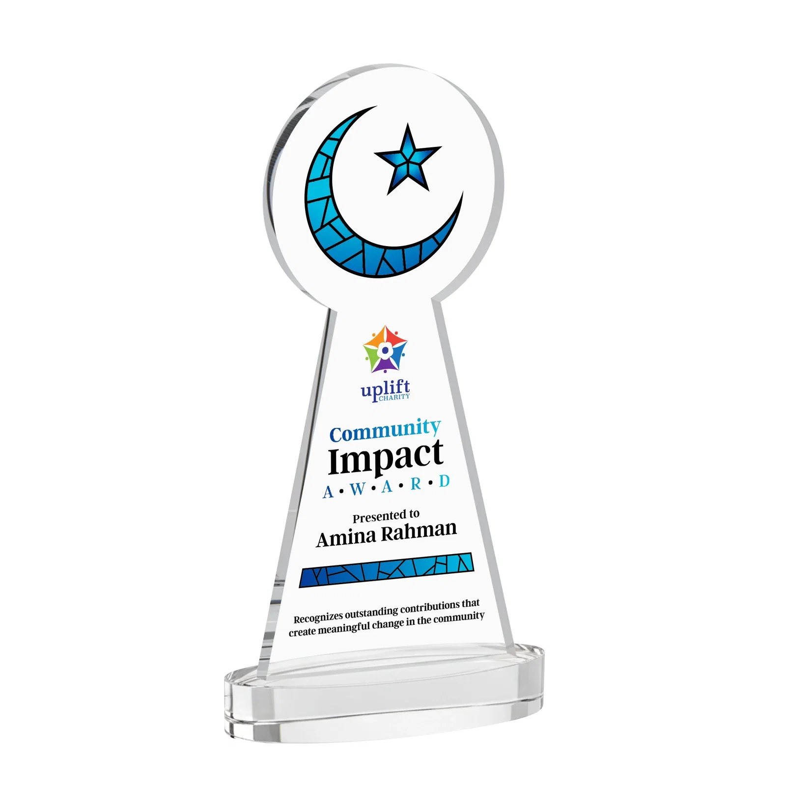 Branded Starfire Crescent and Star Award with Choice of Base Color for retirement presentations