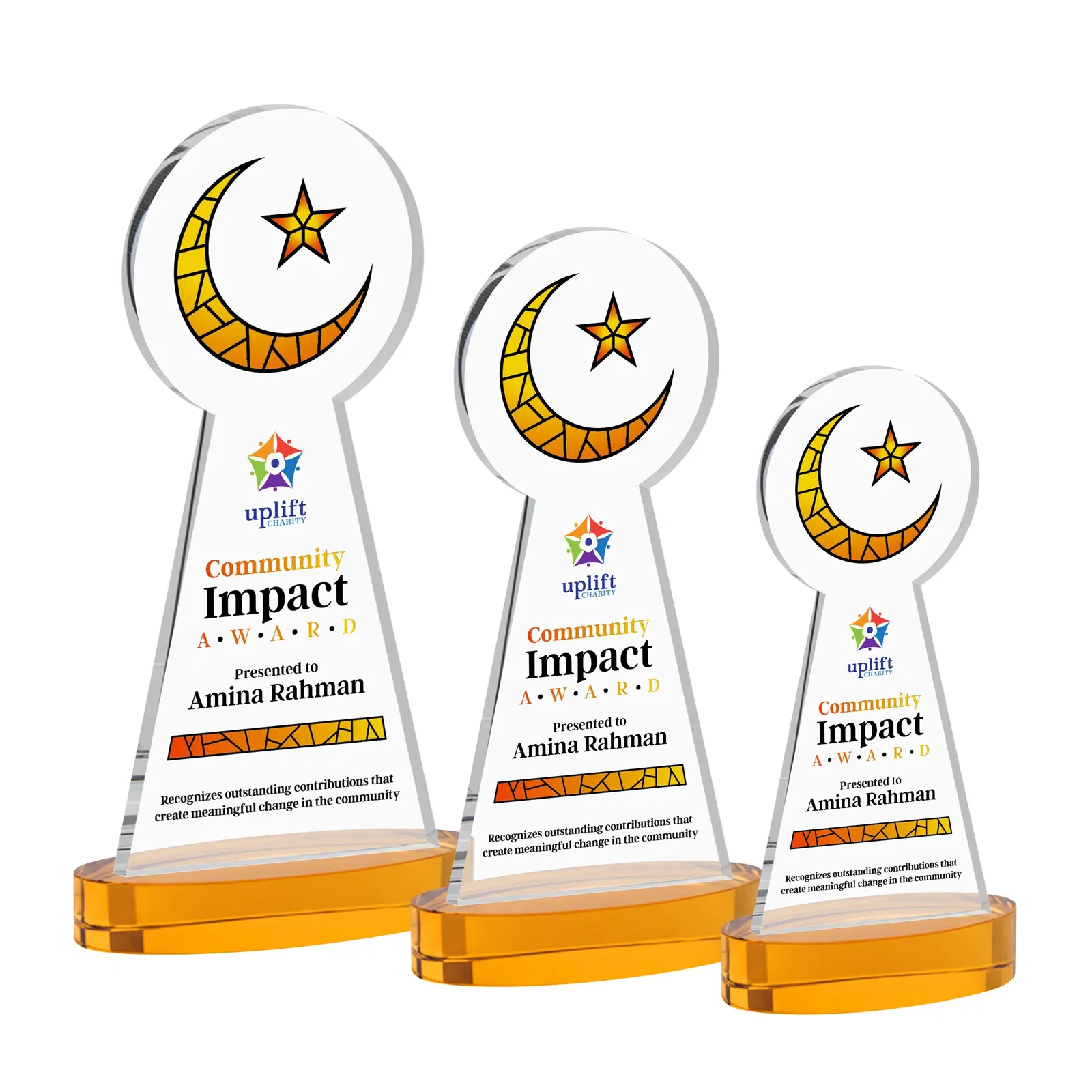 Branded Starfire Crescent and Star Award with Choice of Base Color for team milestone celebrations