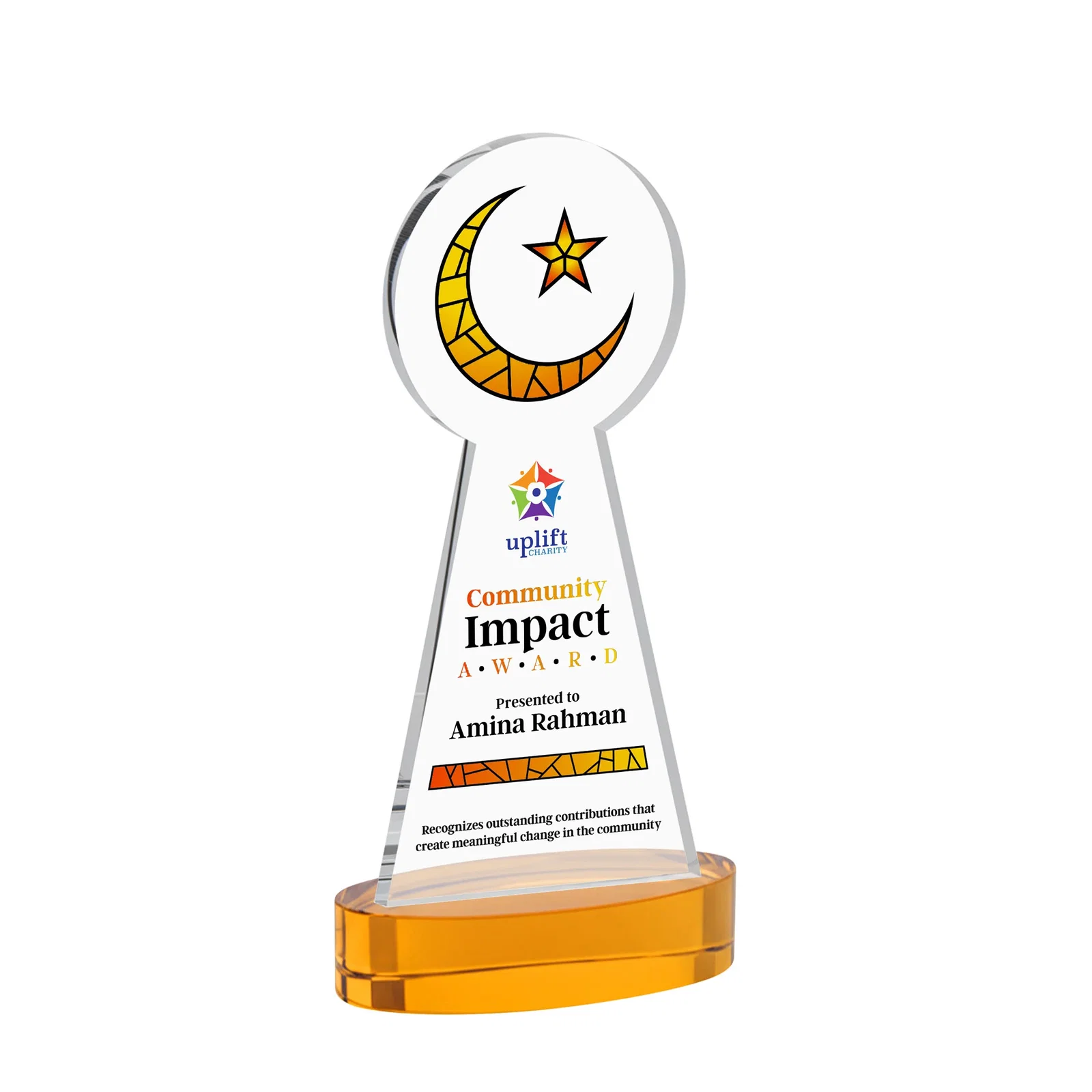 Branded Starfire Crescent and Star Award with Choice of Base Color for donor appreciation