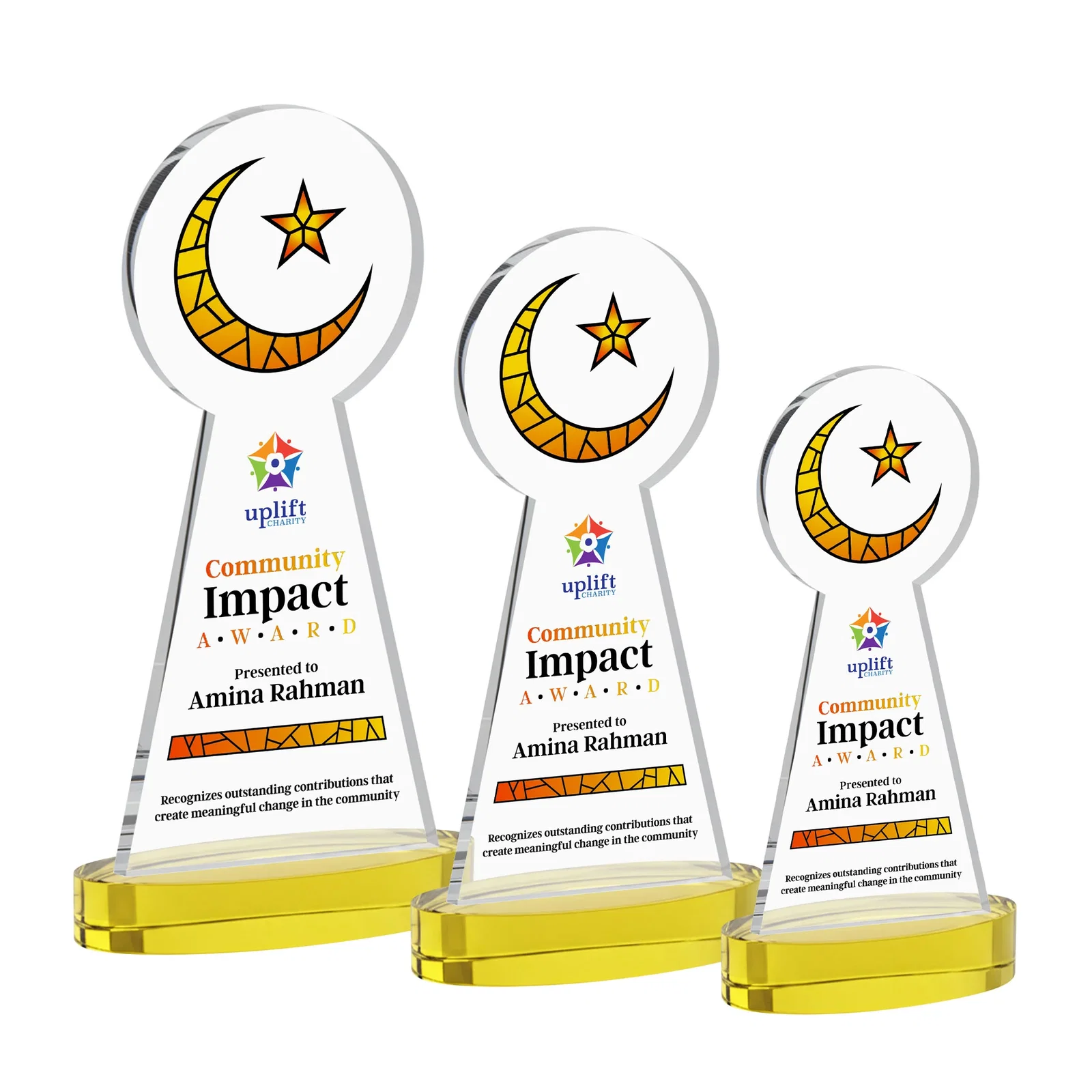 Branded Starfire Crescent and Star Award with Choice of Base Color for volunteer appreciation