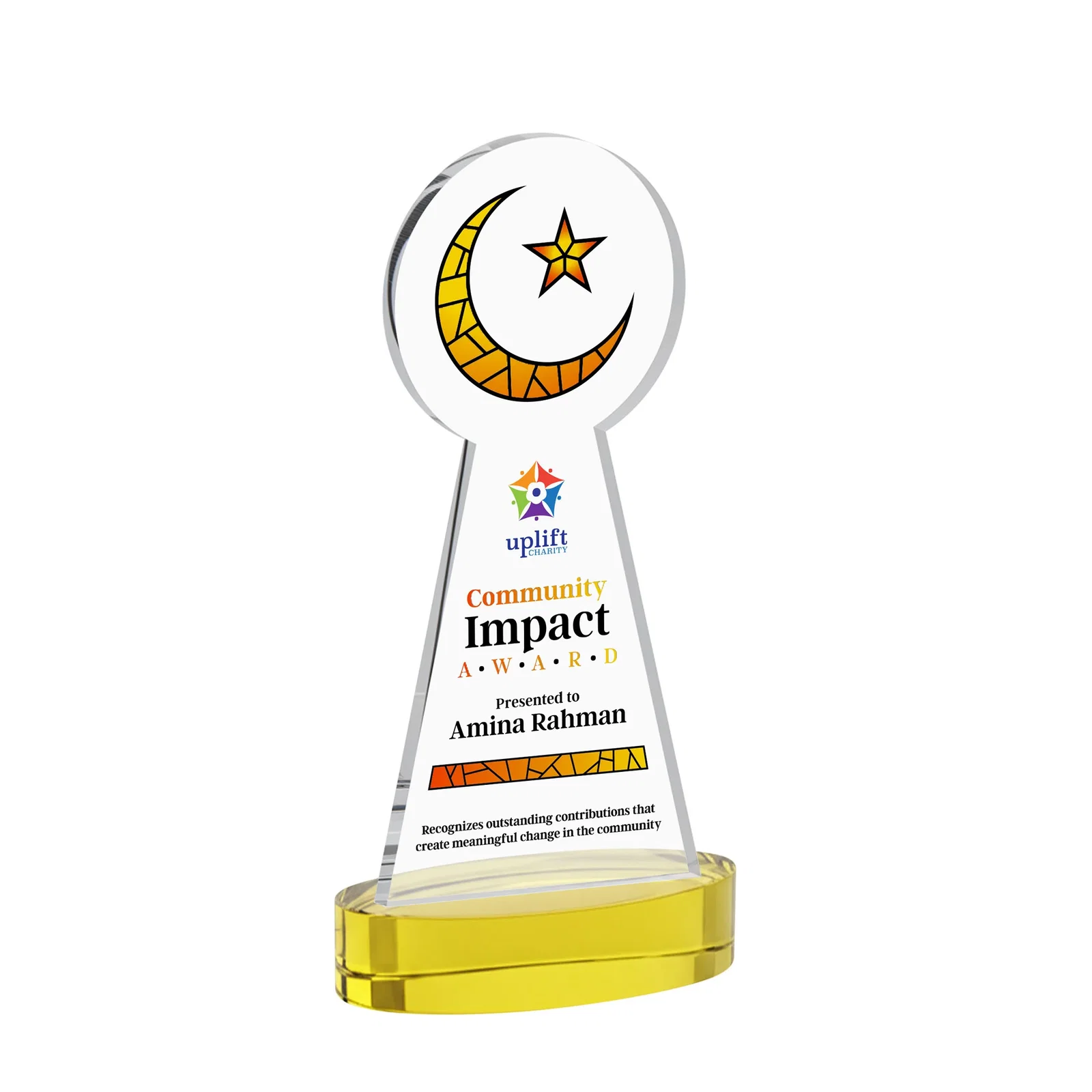 Branded Starfire Crescent and Star Award with Choice of Base Color for dealer and partner awards