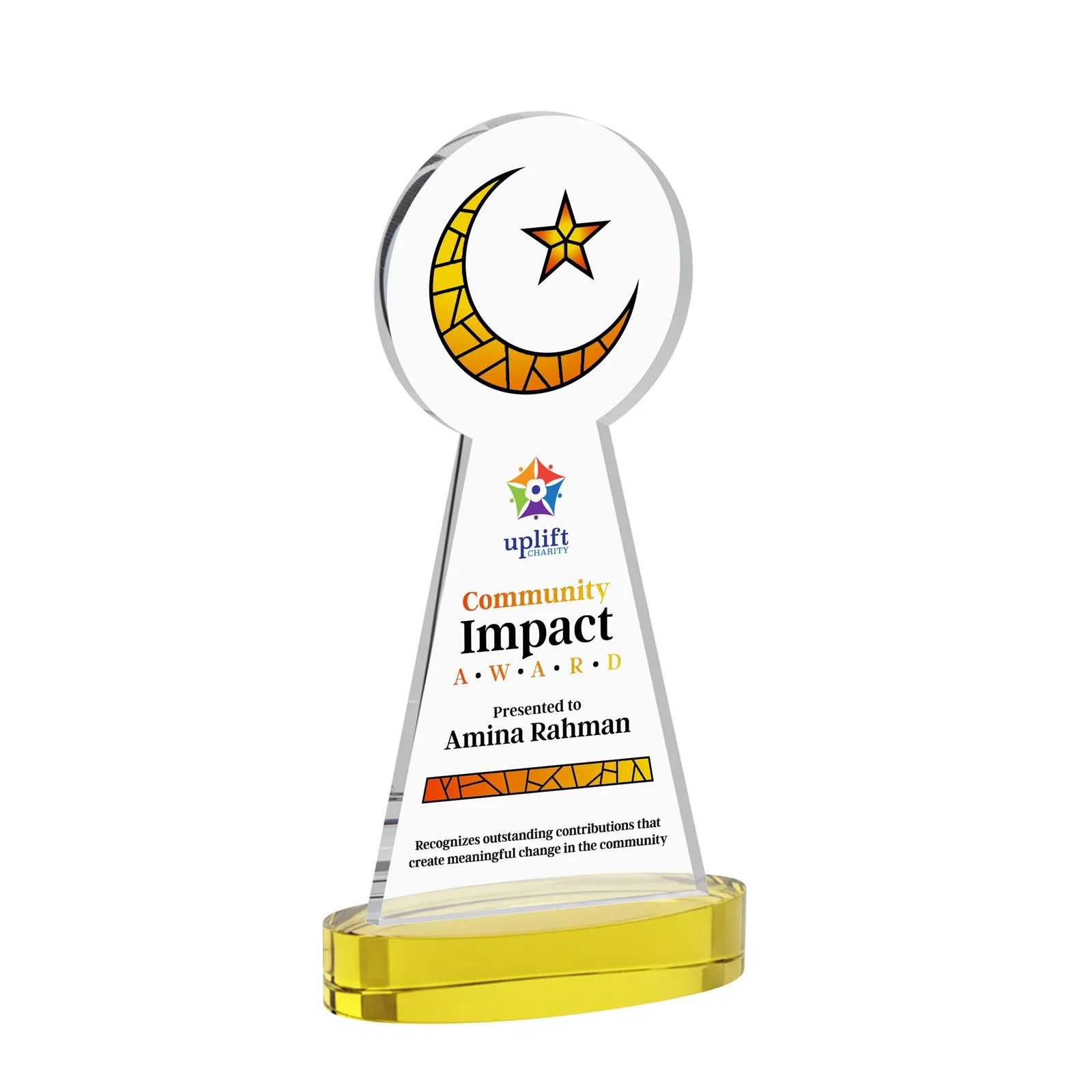 Branded Starfire Crescent and Star Award with Choice of Base Color for company anniversary events