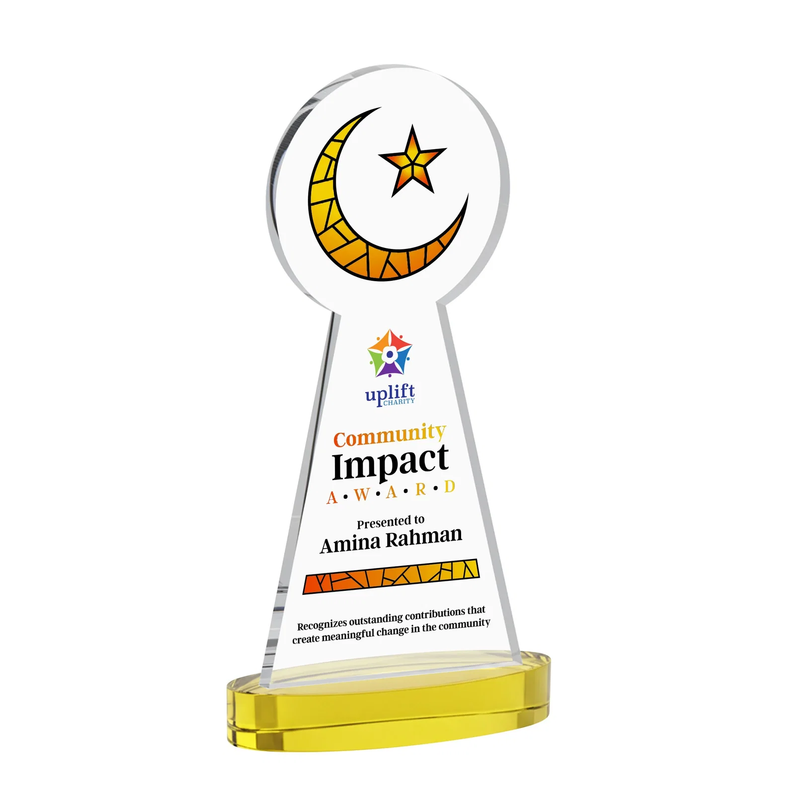 Custom printed Starfire Crescent and Star Award with Choice of Base Color for employee recognition