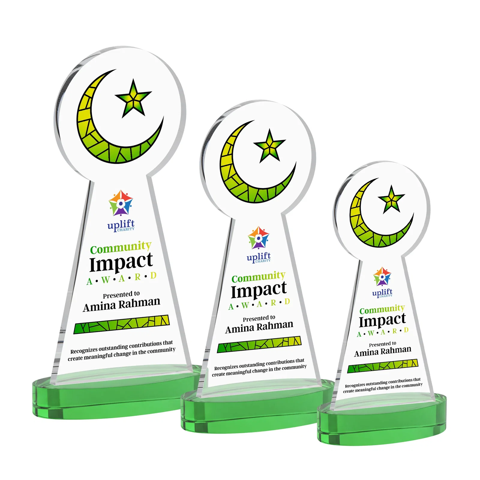 Custom printed Starfire Crescent and Star Award with Choice of Base Color for corporate award ceremonies