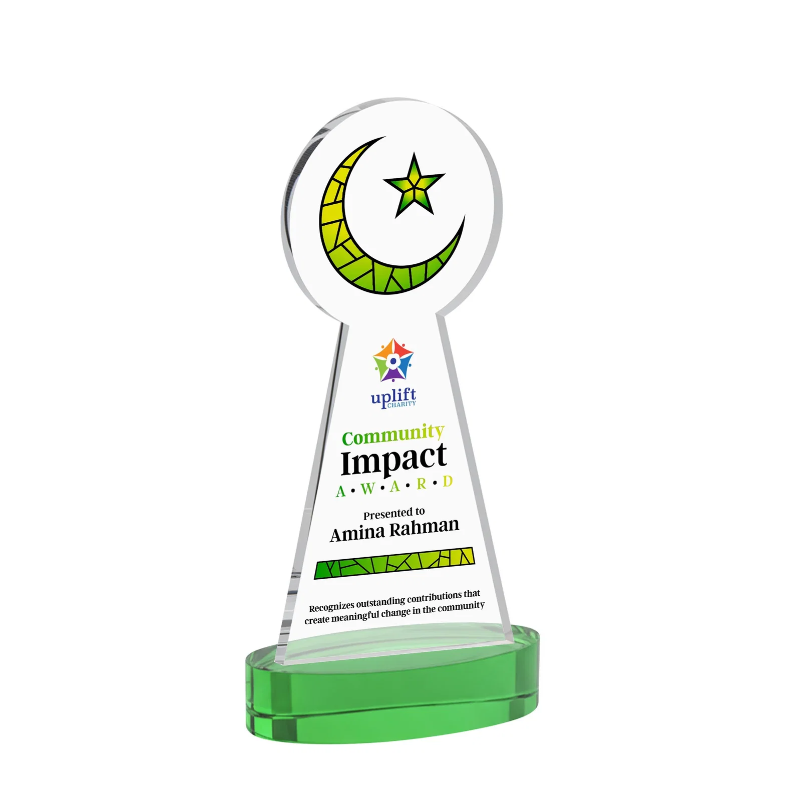 Custom printed Starfire Crescent and Star Award with Choice of Base Color for service anniversary gifts