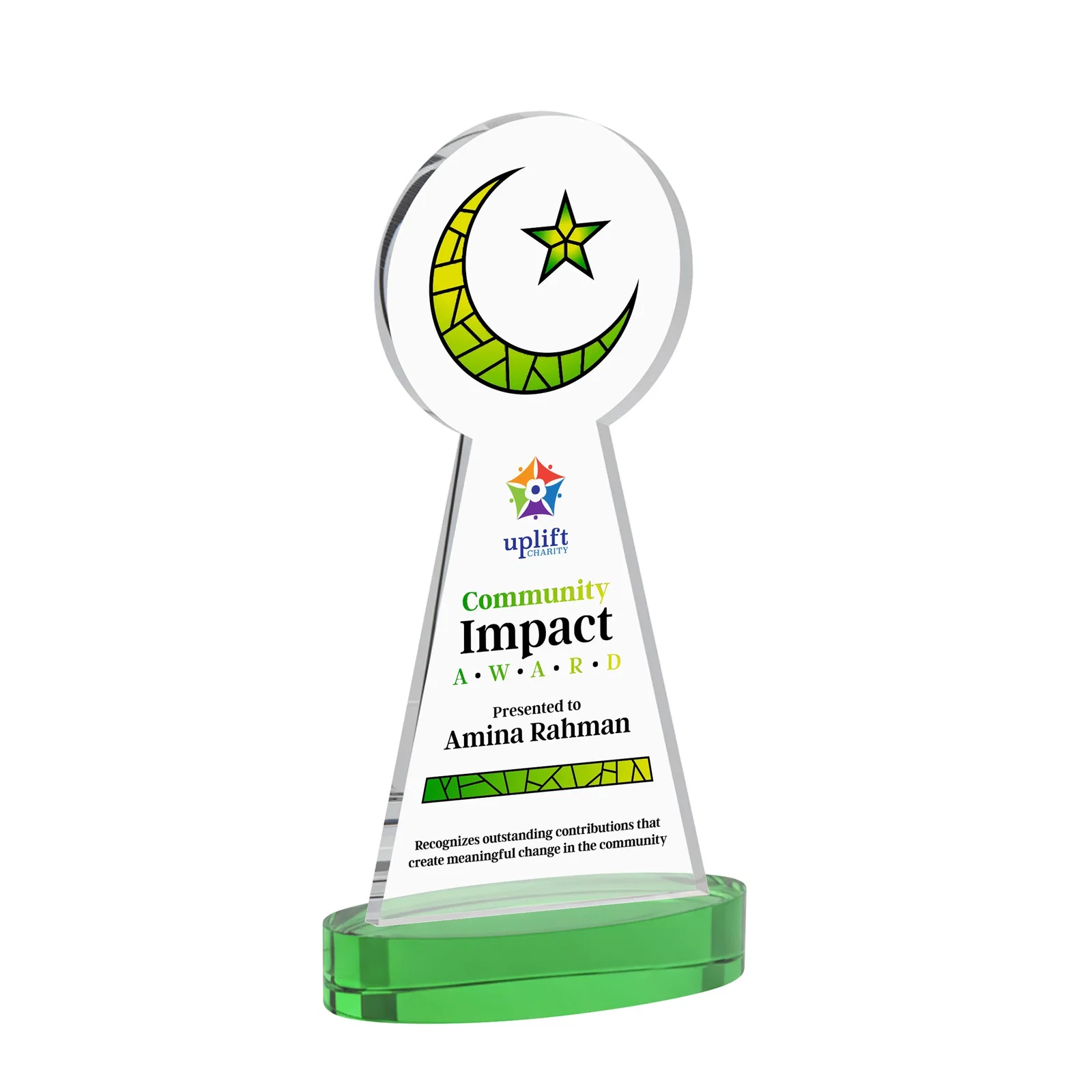 Custom printed Starfire Crescent and Star Award with Choice of Base Color for sales achievement awards