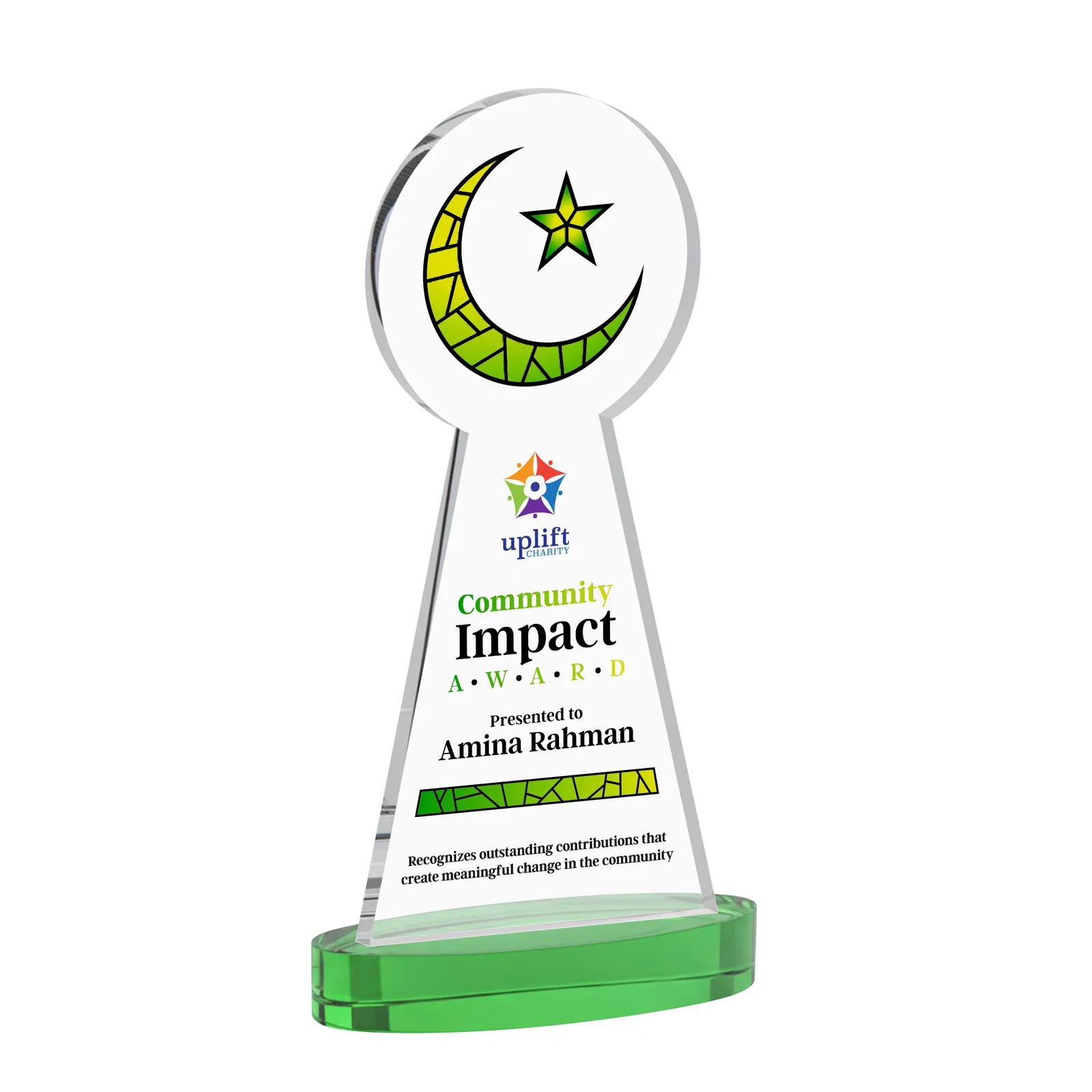 Custom printed Starfire Crescent and Star Award with Choice of Base Color for retirement presentations