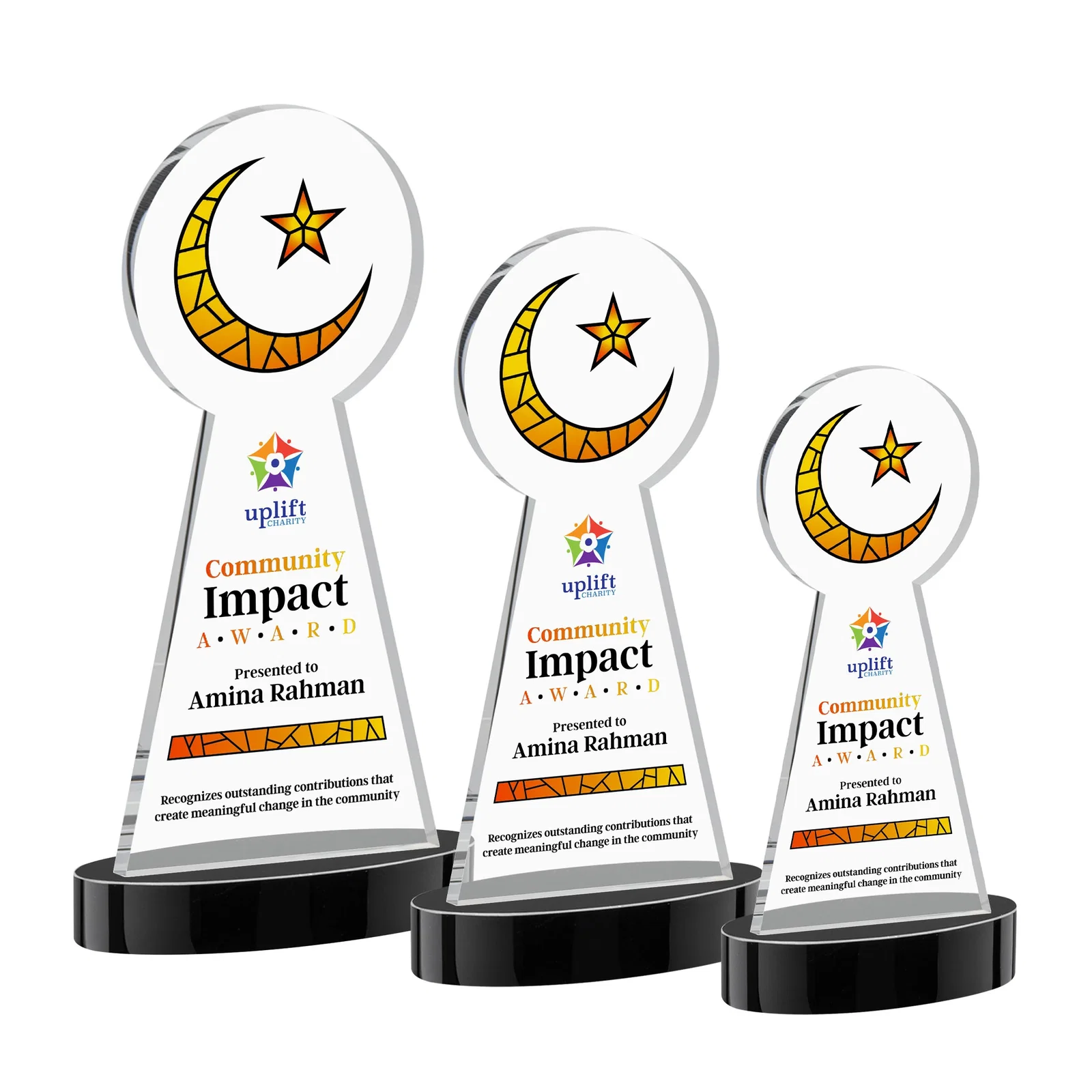 Custom printed Starfire Crescent and Star Award with Choice of Base Color for team milestone celebrations