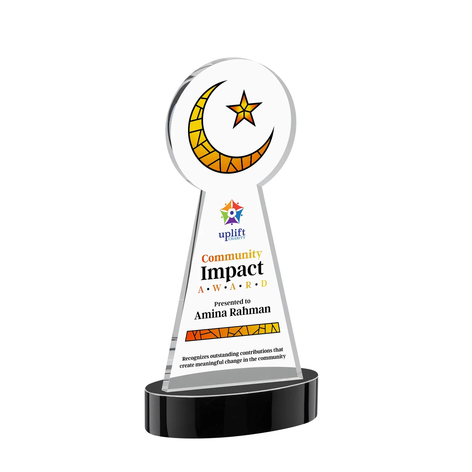 Custom printed Starfire Crescent and Star Award with Choice of Base Color for donor appreciation