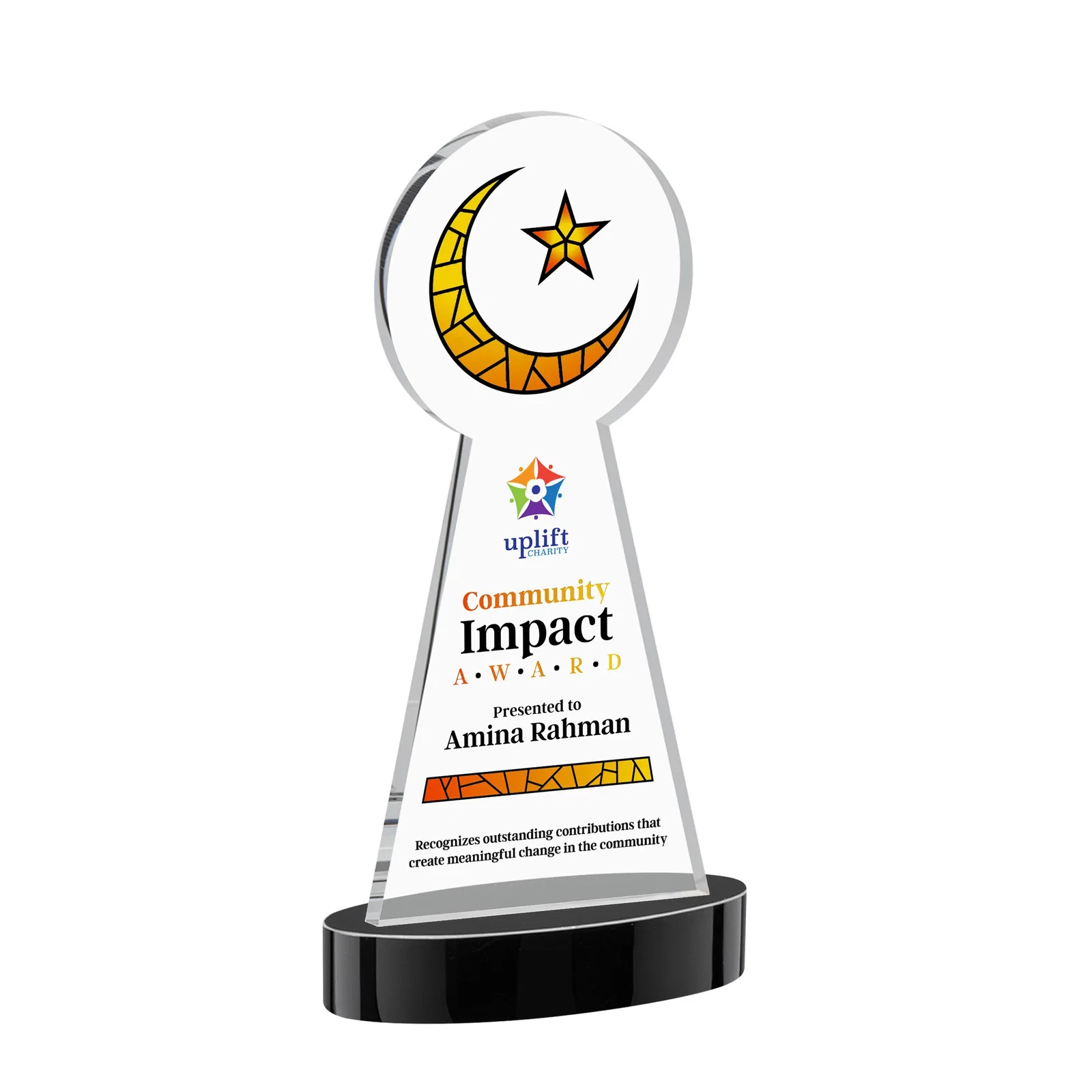 Custom printed Starfire Crescent and Star Award with Choice of Base Color for graduation ceremonies