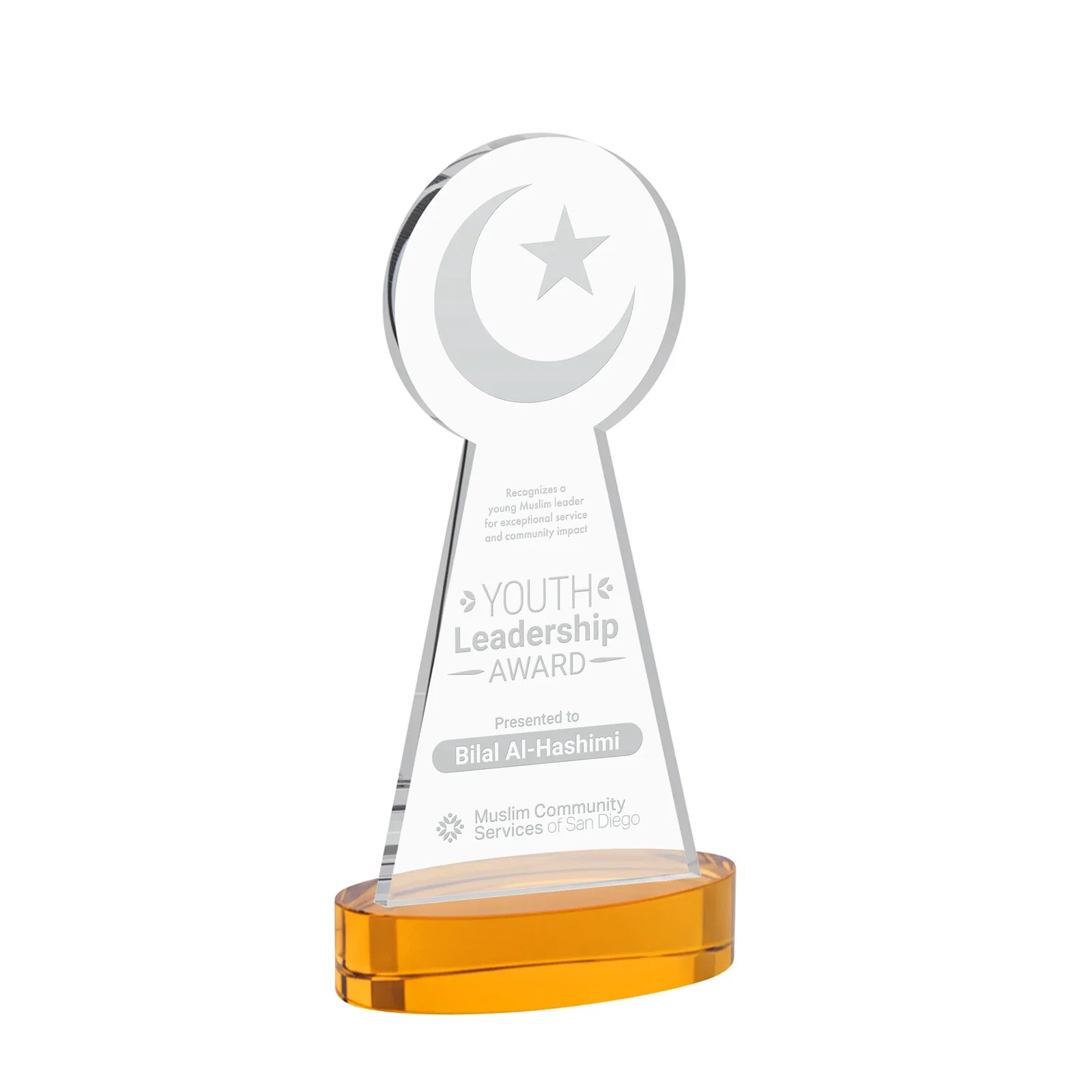 Custom Starfire Crescent and Star Award with Choice of Base Color for donor appreciation