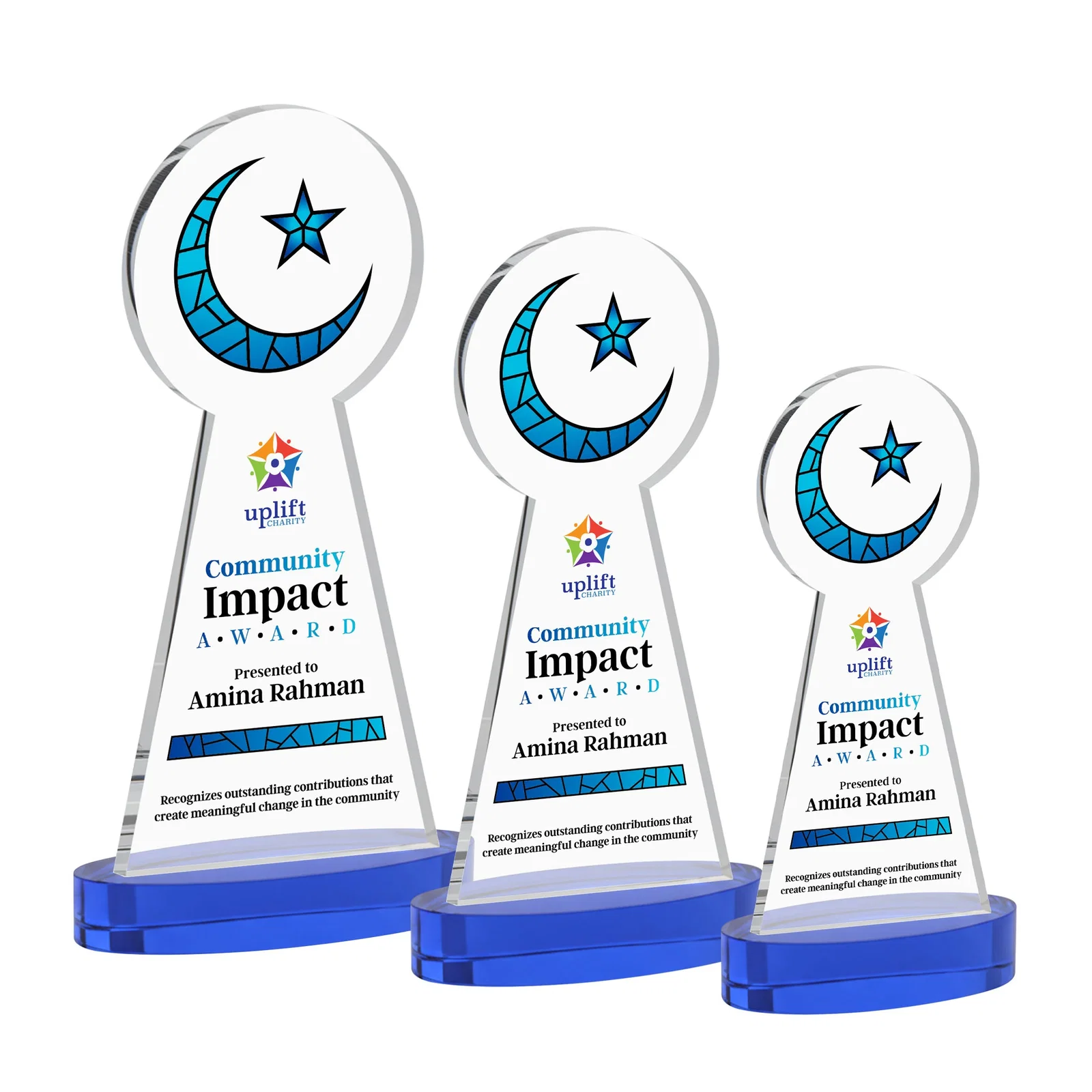 Custom printed Starfire Crescent and Star Award with Choice of Base Color for volunteer appreciation
