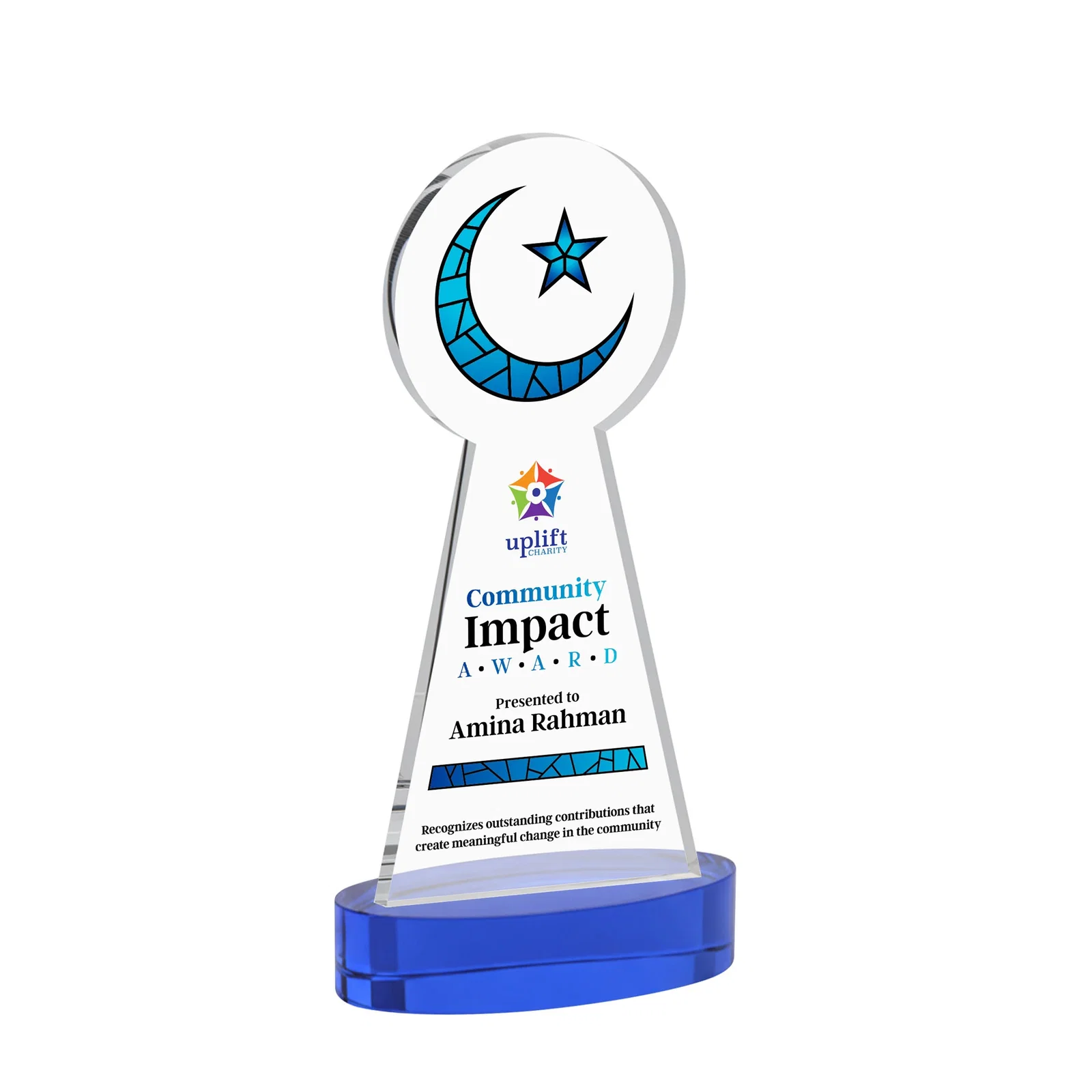 Custom printed Starfire Crescent and Star Award with Choice of Base Color for dealer and partner awards
