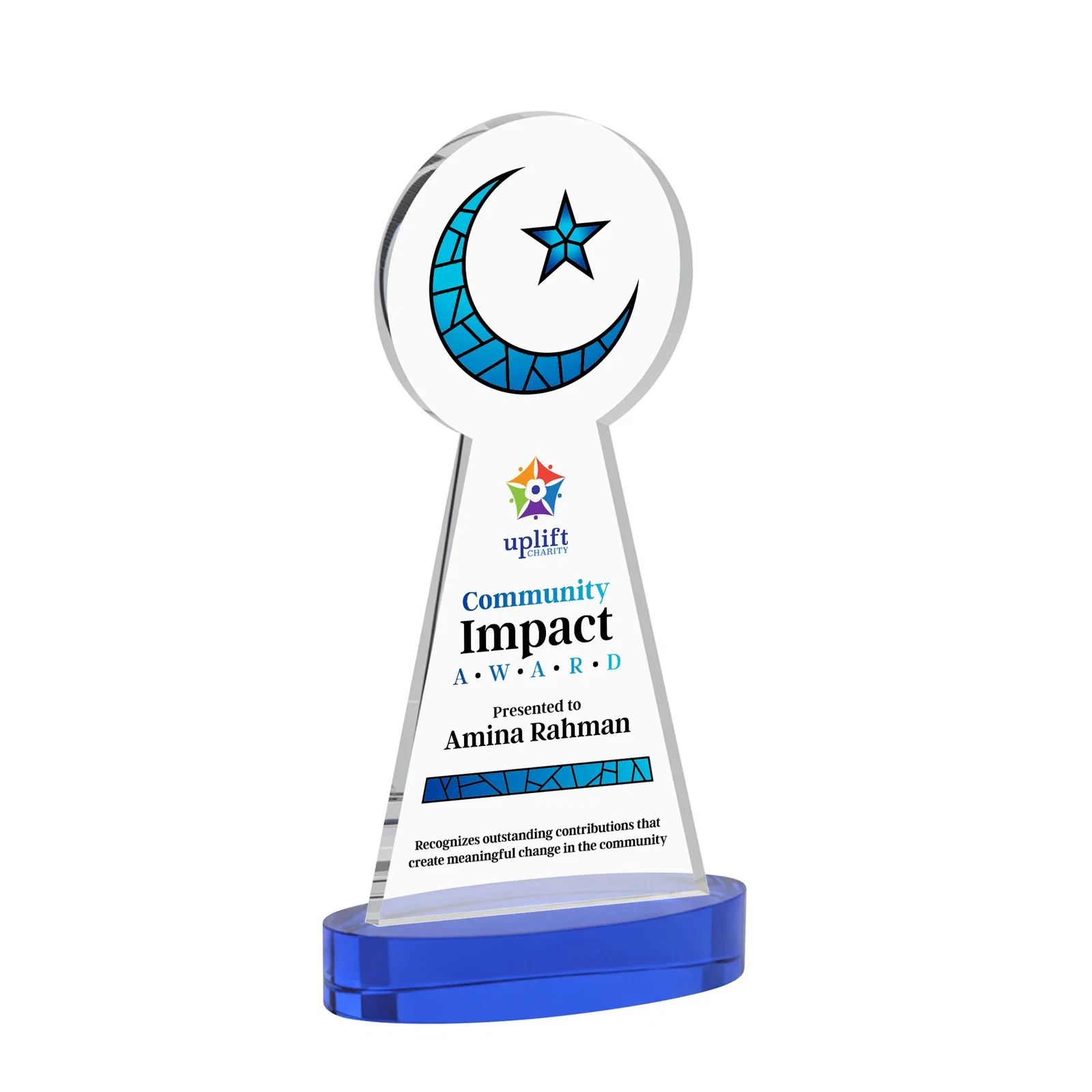Custom printed Starfire Crescent and Star Award with Choice of Base Color for company anniversary events
