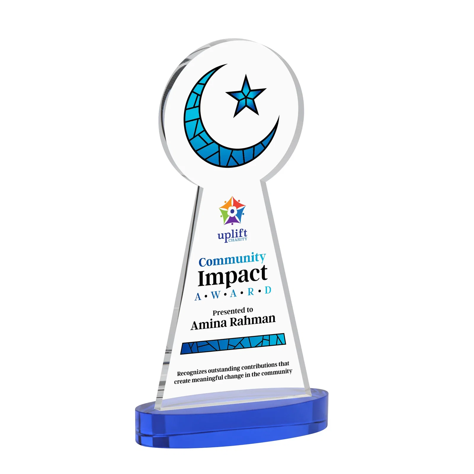 Customized Starfire Crescent and Star Award with Choice of Base Color for employee recognition