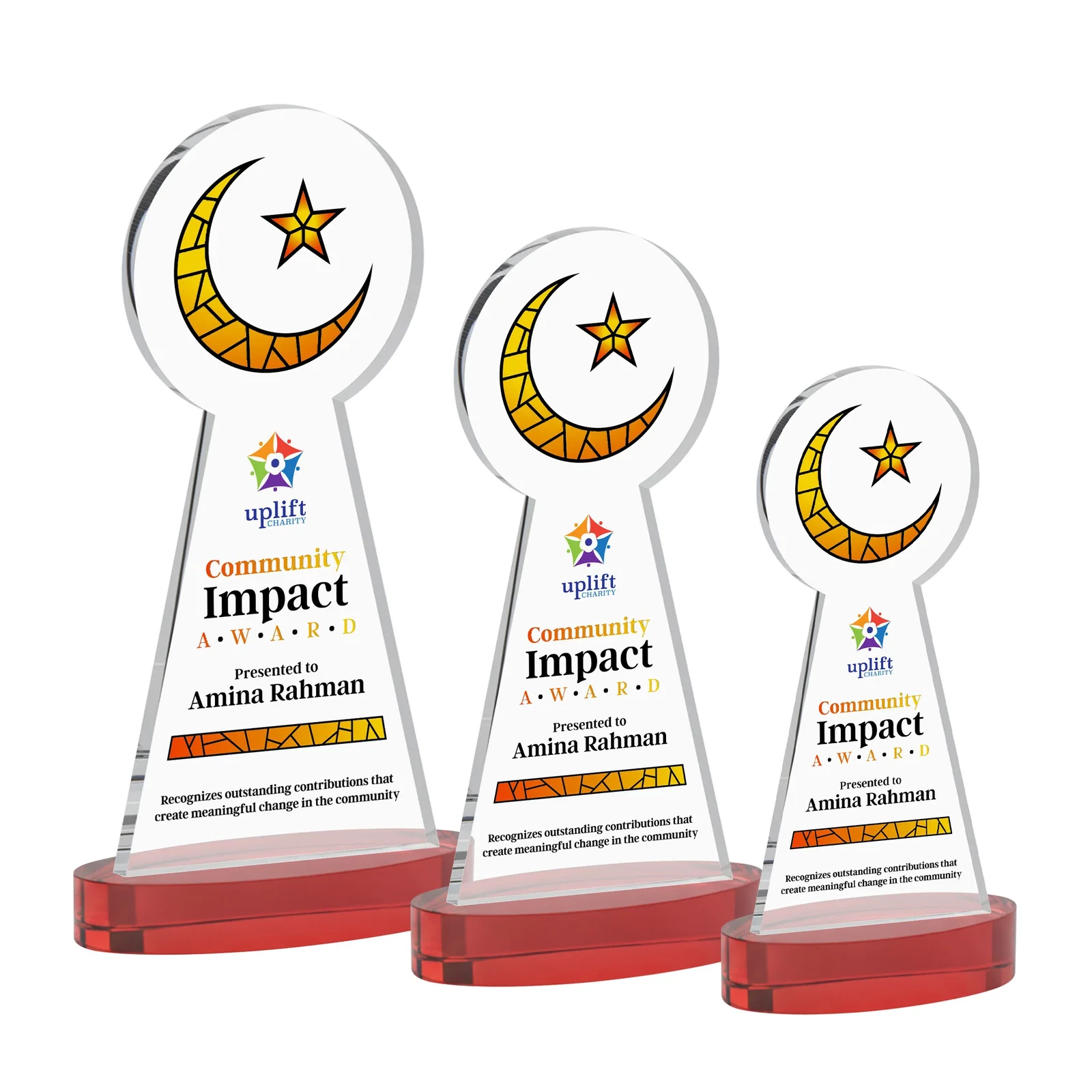 Customized Starfire Crescent and Star Award with Choice of Base Color for corporate award ceremonies