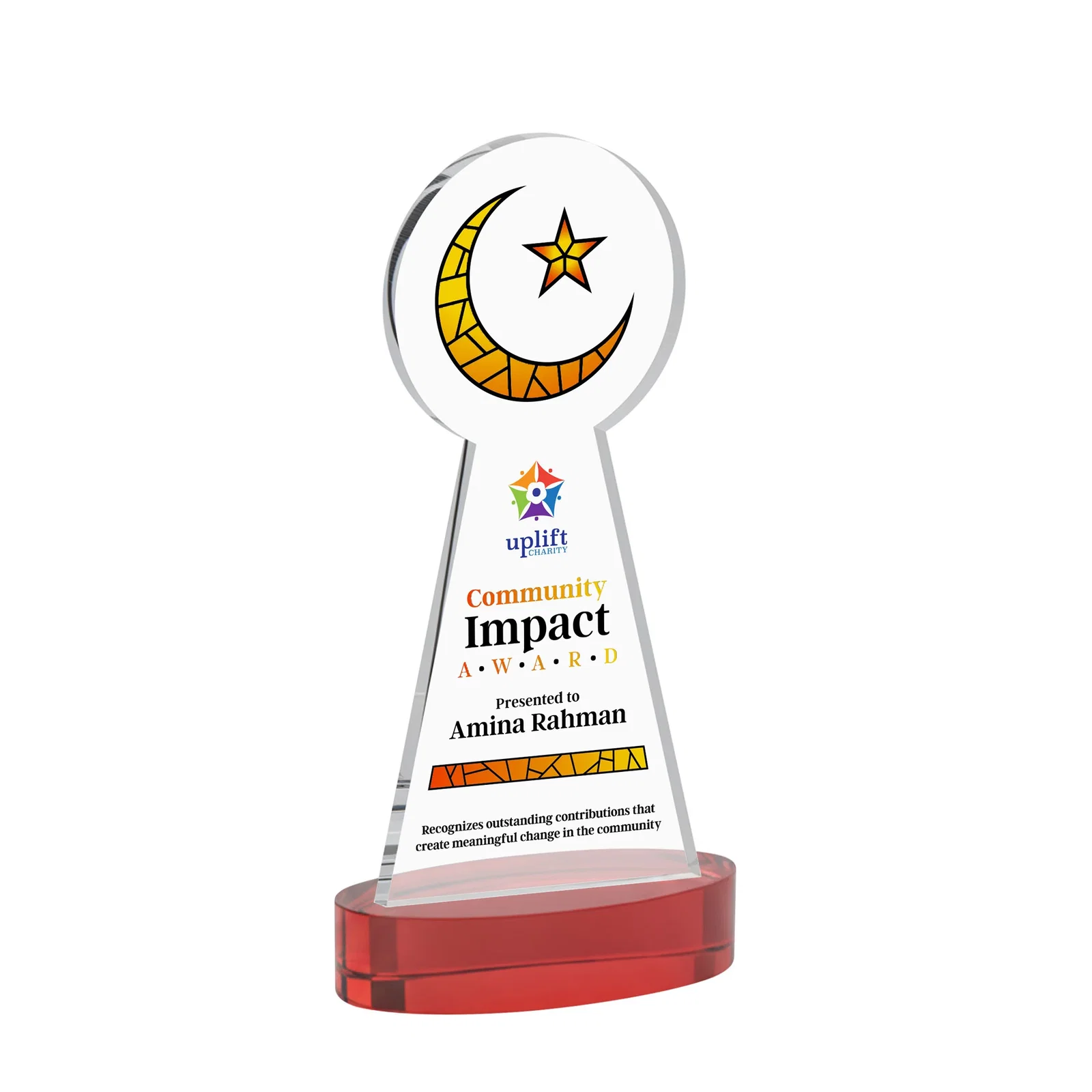 Customized Starfire Crescent and Star Award with Choice of Base Color for service anniversary gifts